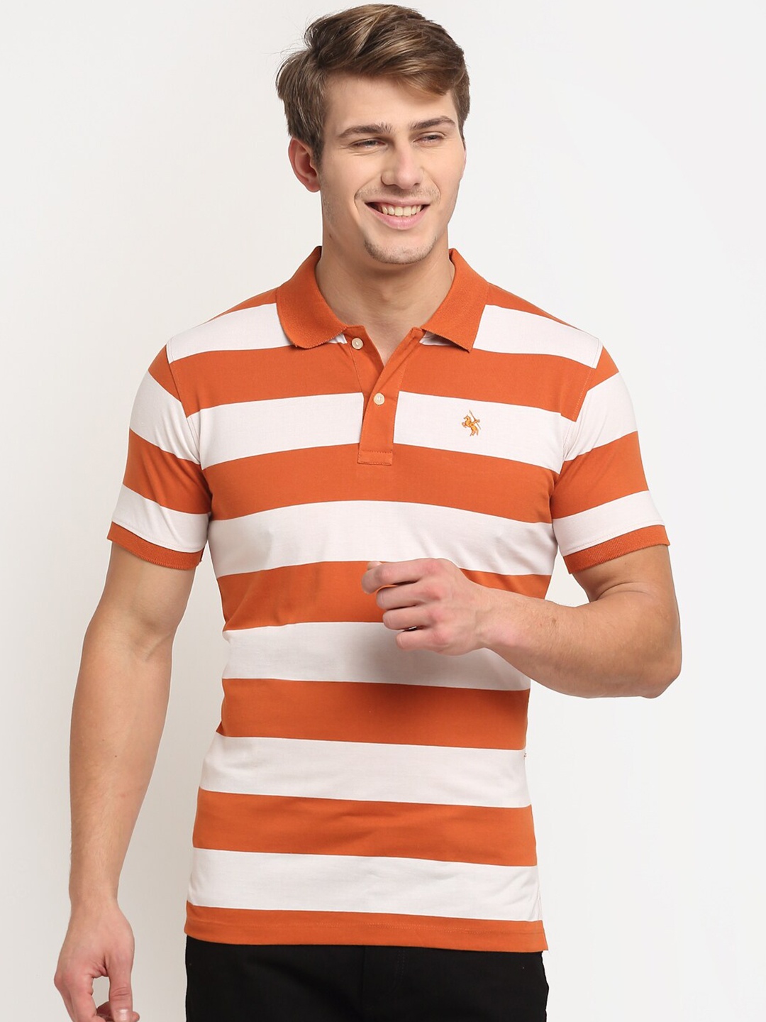 

Cantabil Men Rust & White Striped Polo Collar Cotton T-shirt