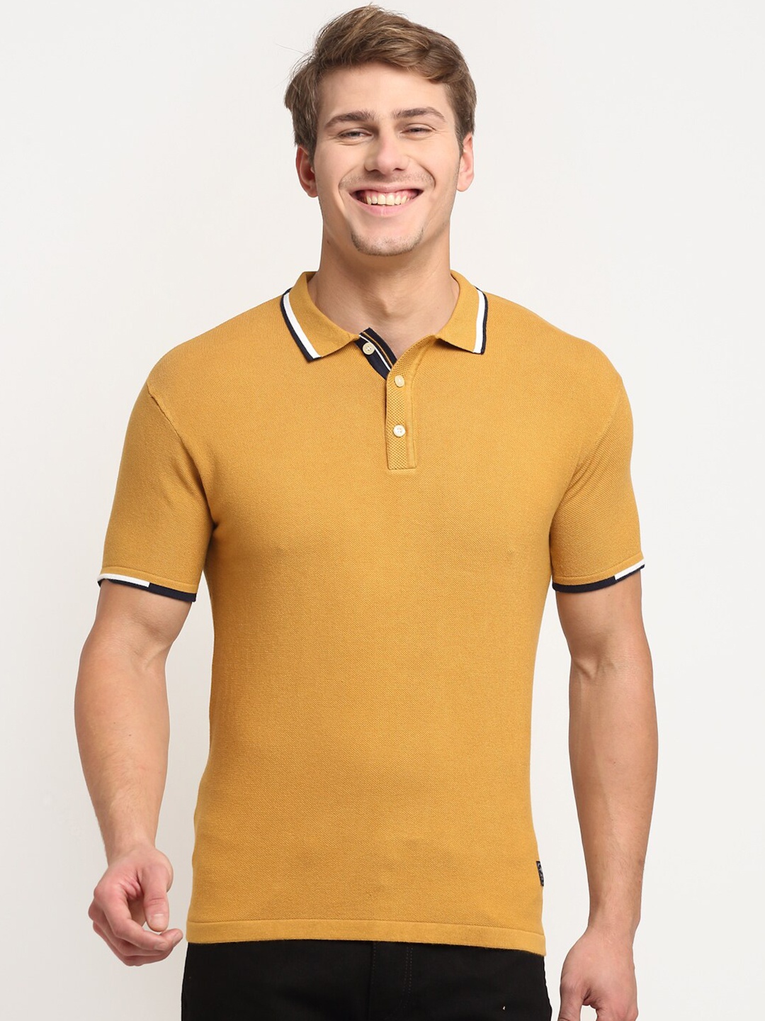 

Cantabil Men Mustard Yellow & White Solid Polo Collar Cotton T-shirt