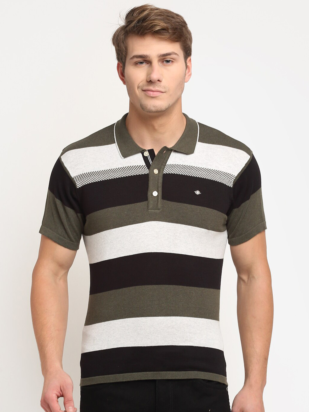 

Cantabil Men Olive Green & White Striped Polo Collar Regular Fit Pure Cotton T-shirt