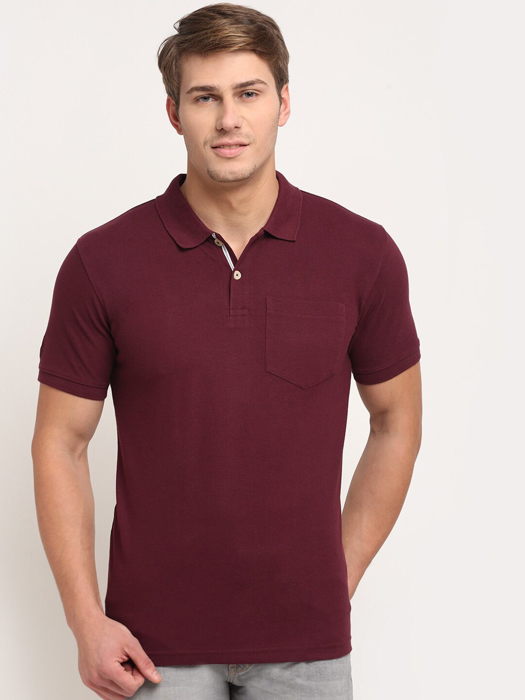

Cantabil Men Maroon Solid Polo Collar Cotton T-shirt