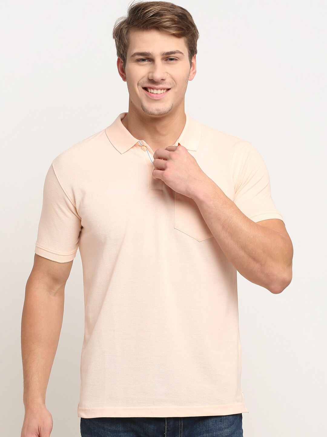 

Cantabil Men Peach-Coloured Polo Collar Regular Fit Pure Cotton T-shirt
