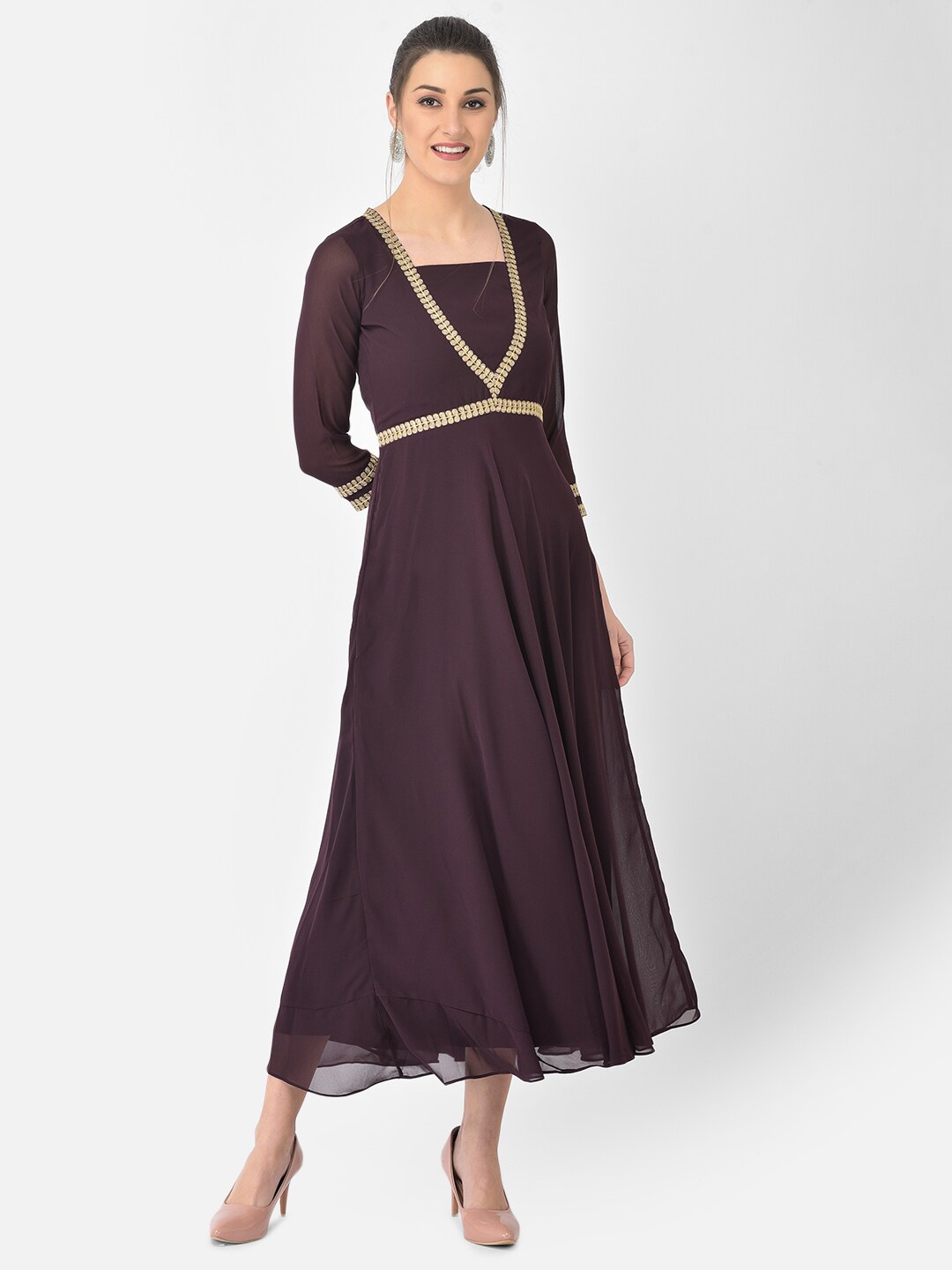 

Ojjasvi Burgundy Georgette Embroidered Maxi Dress