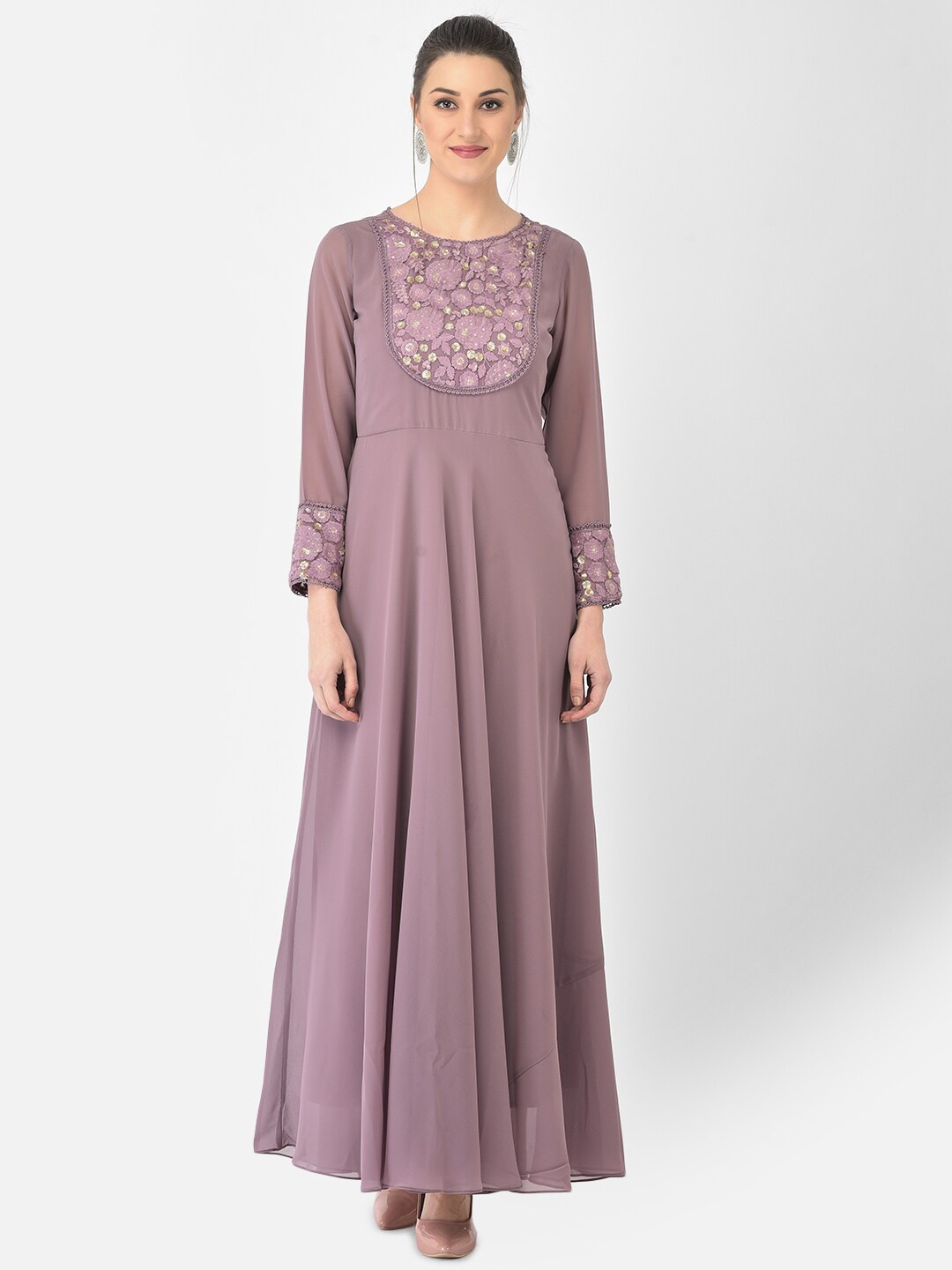 

Ojjasvi Women Lavender Embroidered Georgette Maxi Dress