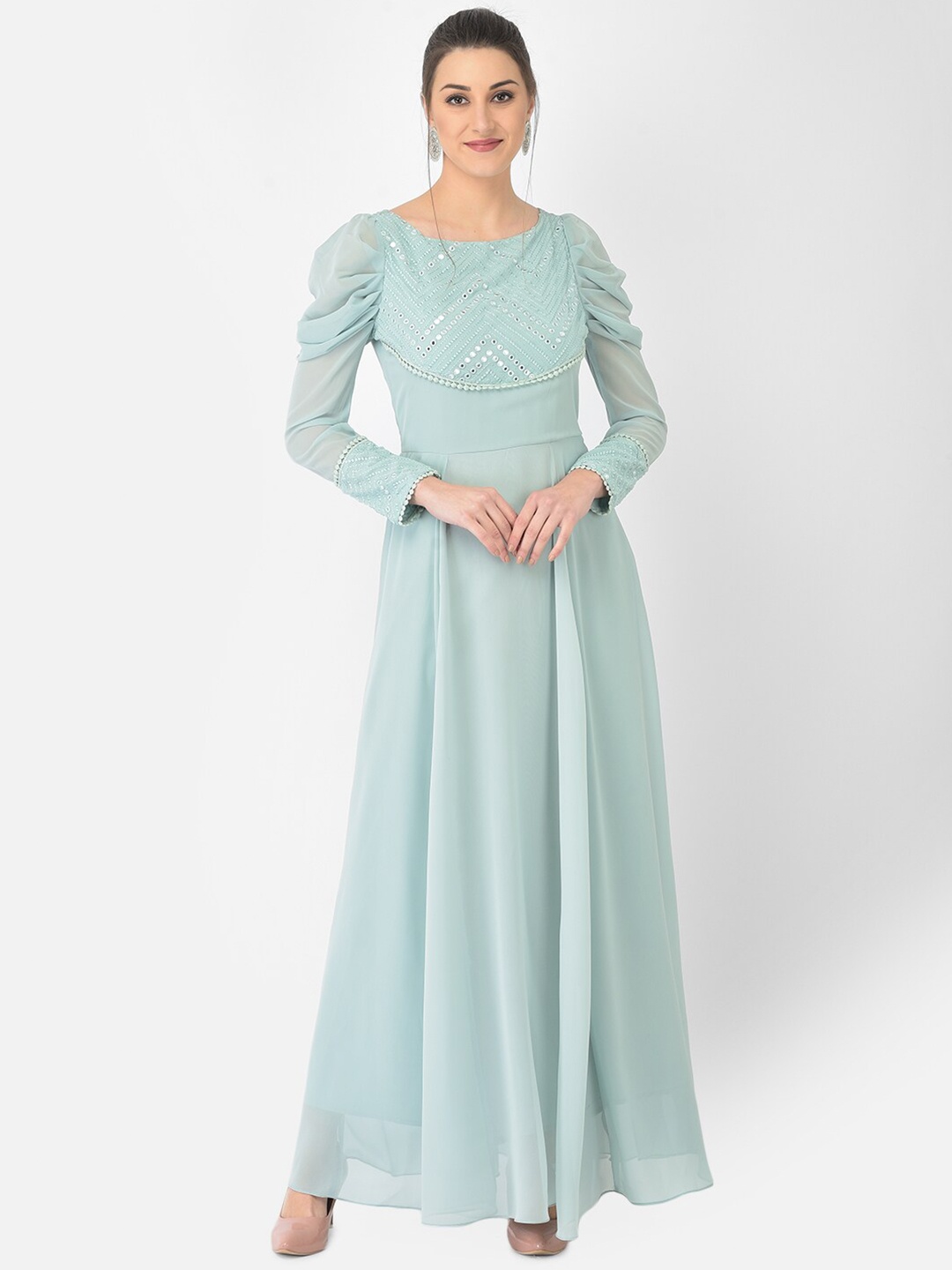 

Ojjasvi Women Turquoise Blue Embroidered Georgette Maxi Dress