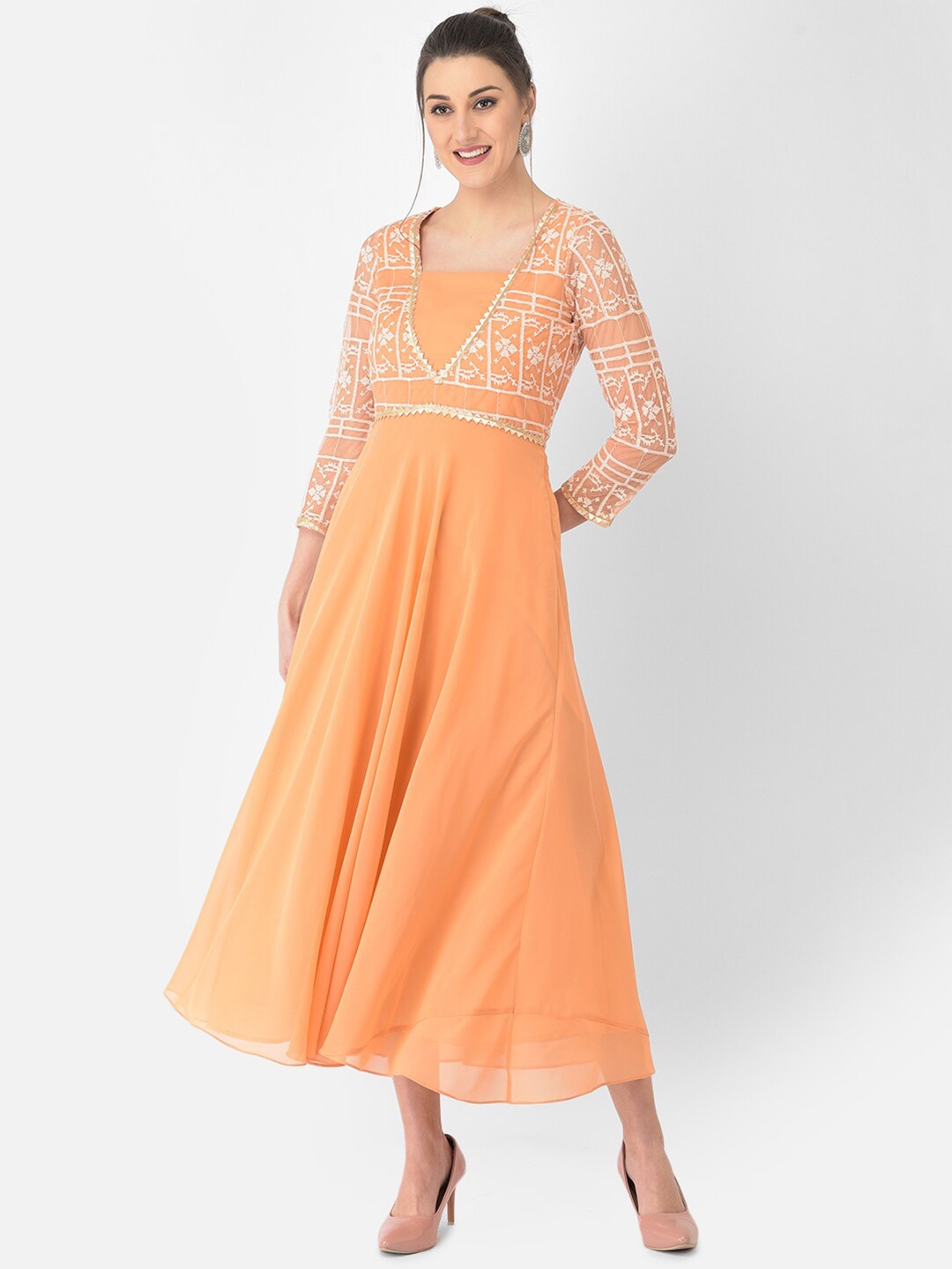 

Ojjasvi Women Orange & White Embroidered Georgette Maxi Dress
