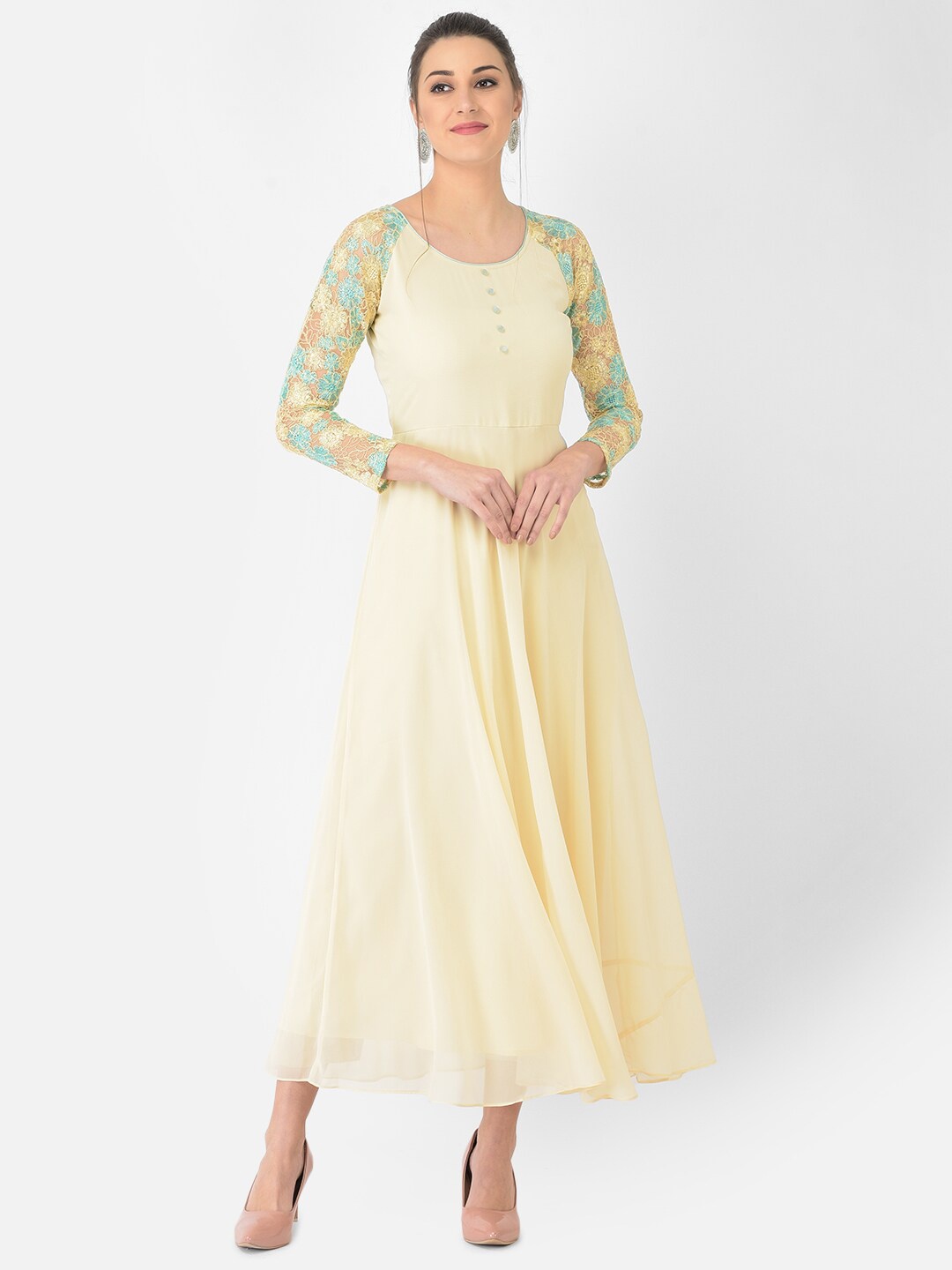 

Ojjasvi Women Cream-Coloured Floral Embroidered Georgette Maxi Dress