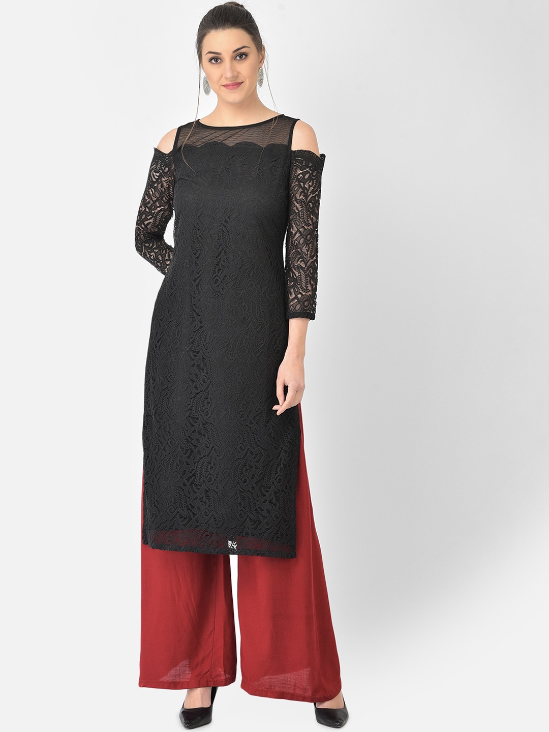 

Ojjasvi Women Black Cold-Shoulder Lace Kurta