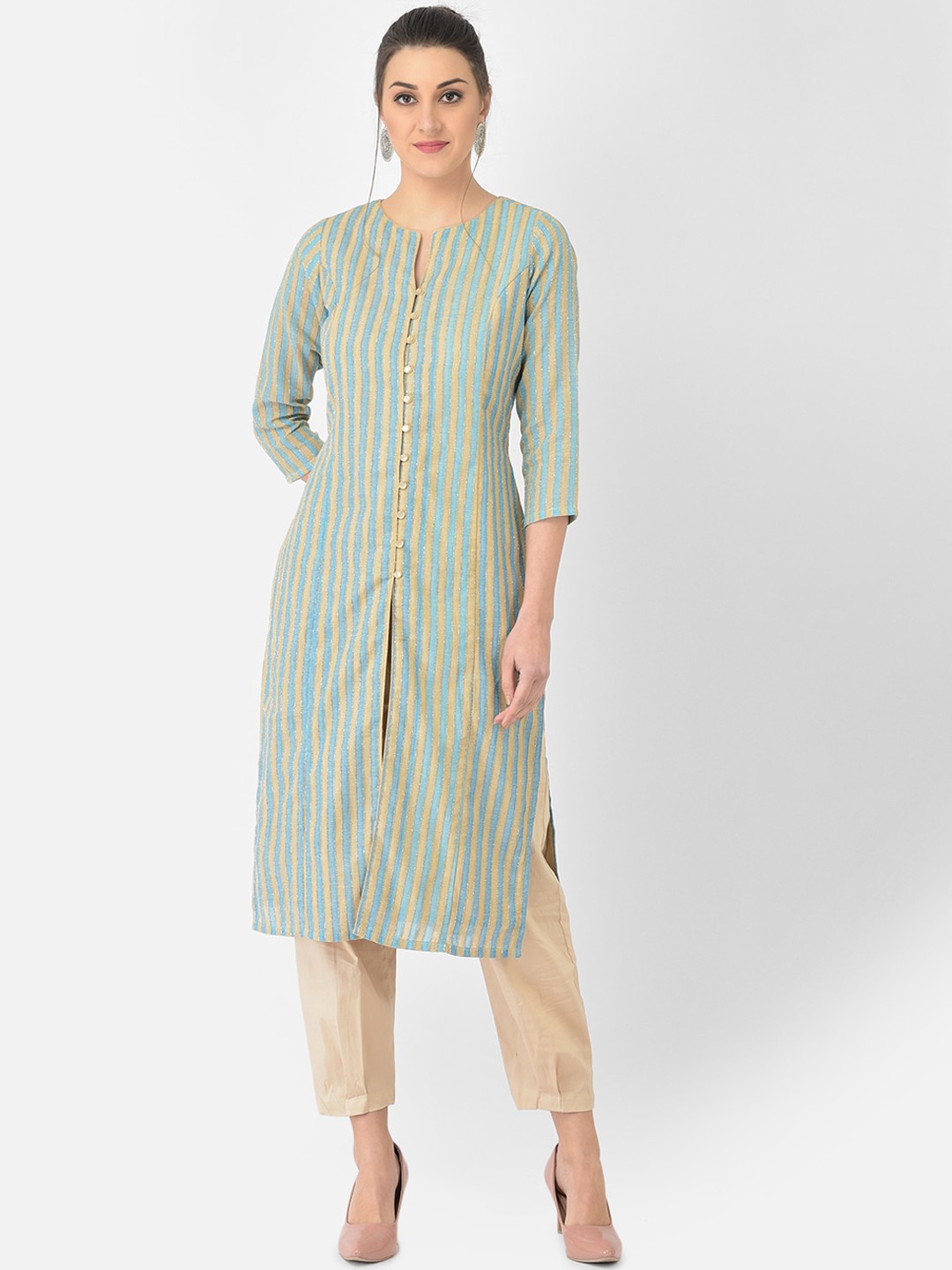 

Ojjasvi Women Beige & Blue Striped Chanderi Cotton Kurta