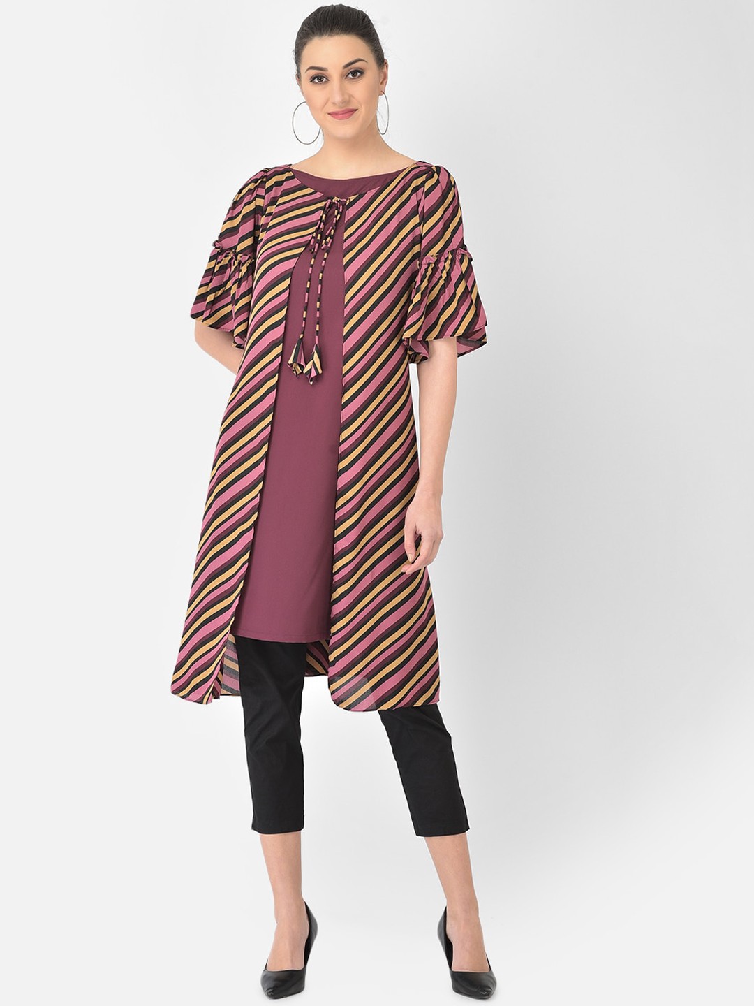 

Ojjasvi Women Multicoloured Striped Flared Sleeves Kurta With Jacket, Multi