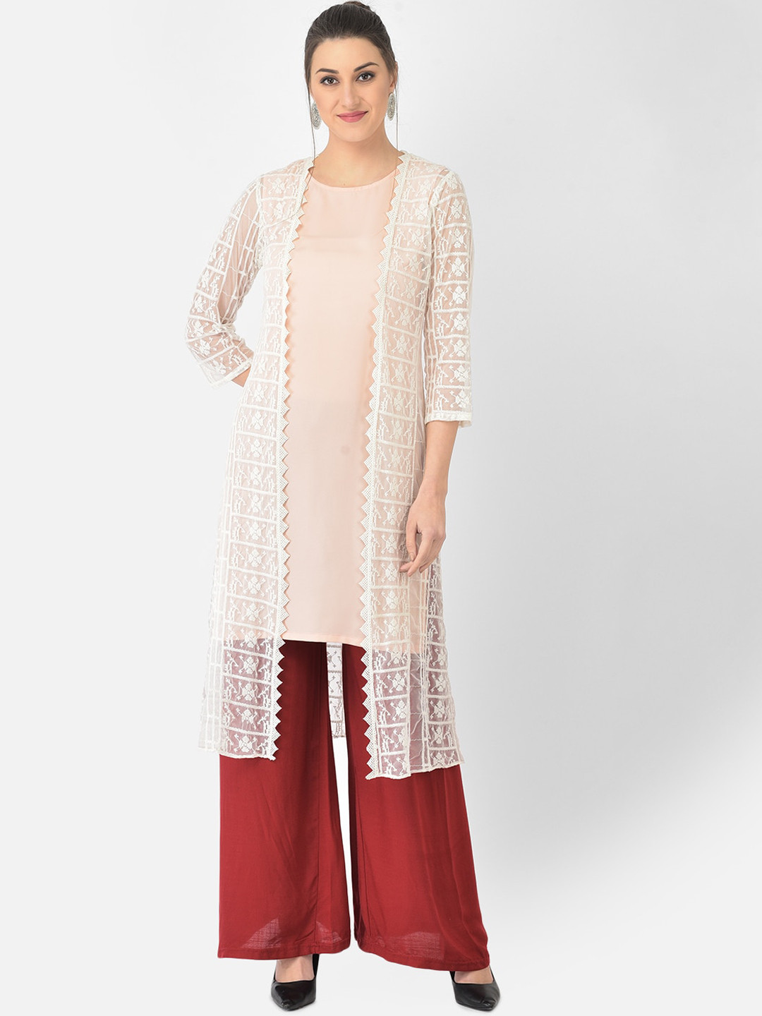 

Ojjasvi Women Peach-Coloured & White Colourblocked Kurta With Sheer Jacket