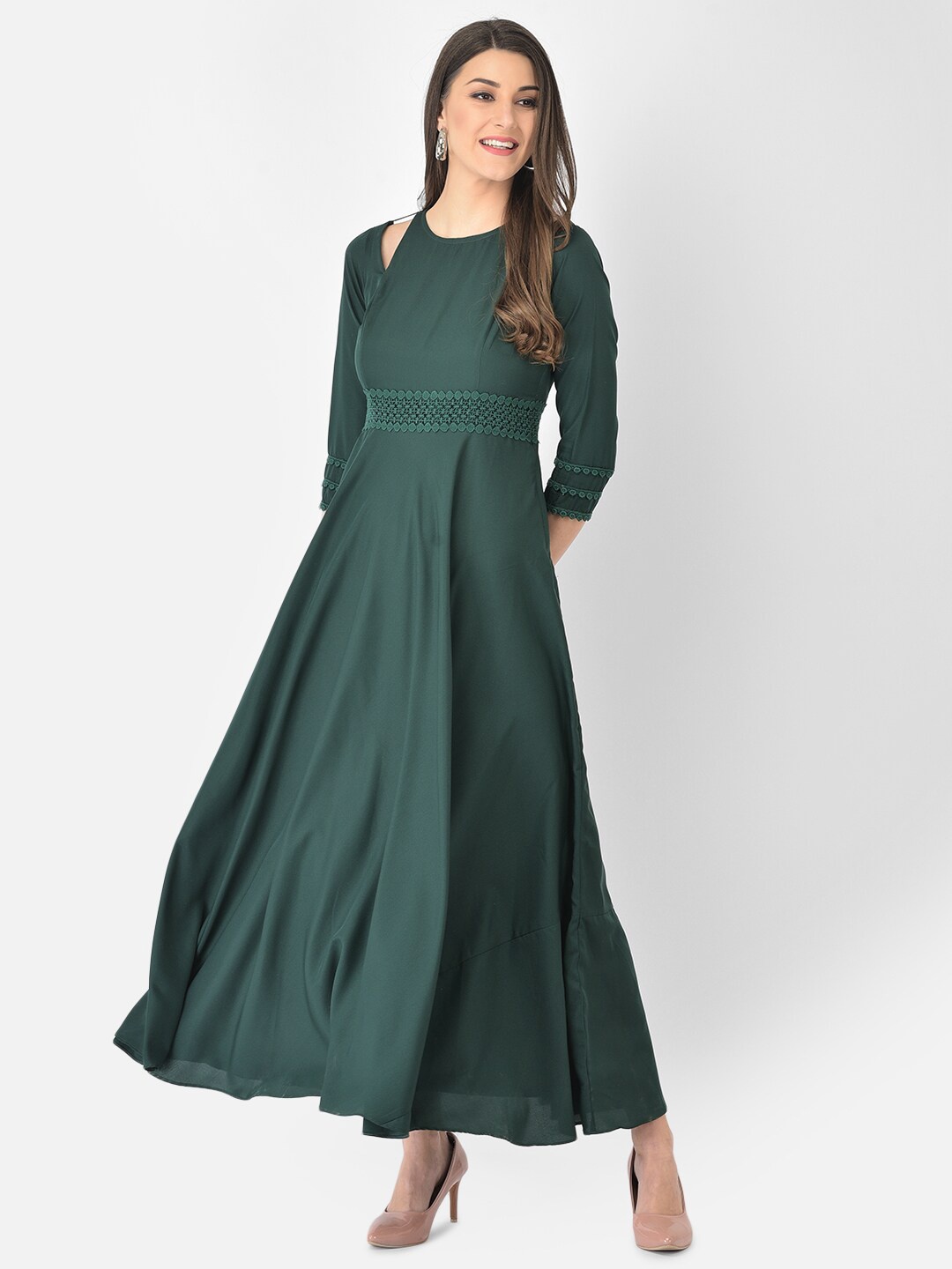 

Ojjasvi Women Green Solid Crepe Lace Detail Maxi Dress