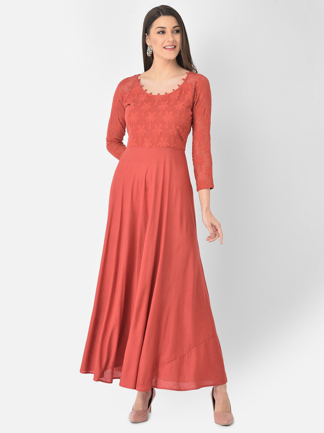 

Ojjasvi Women Rust Lace Details Maxi Dress