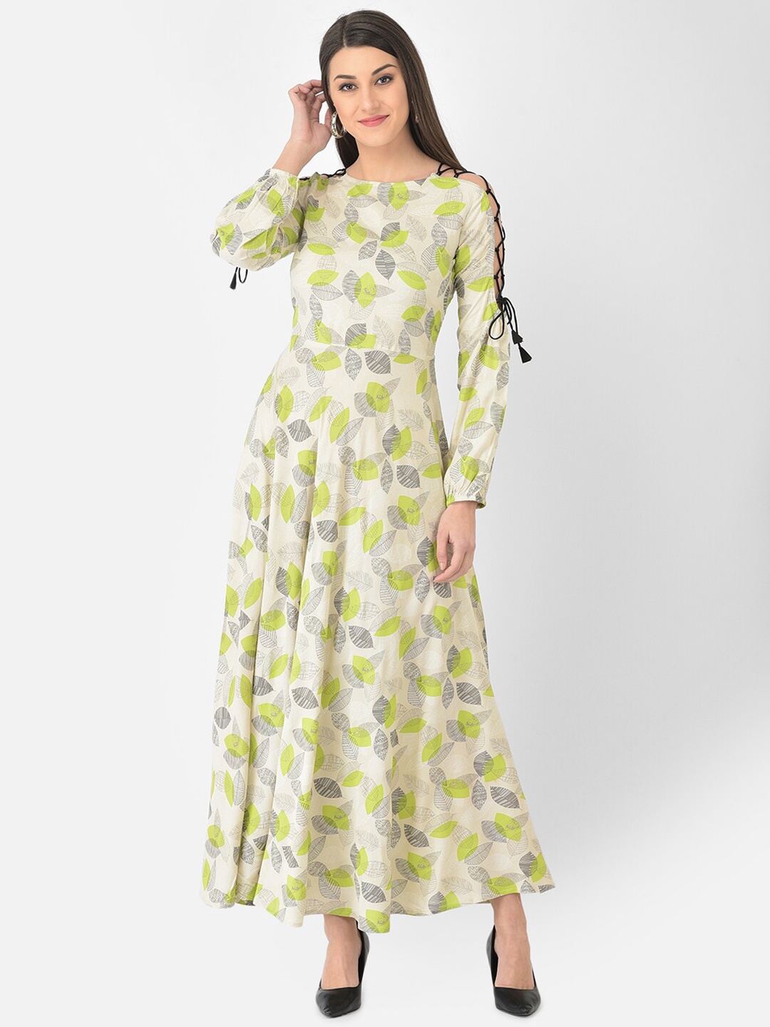 

Ojjasvi Women Off White & Green Floral Printed Maxi Dress