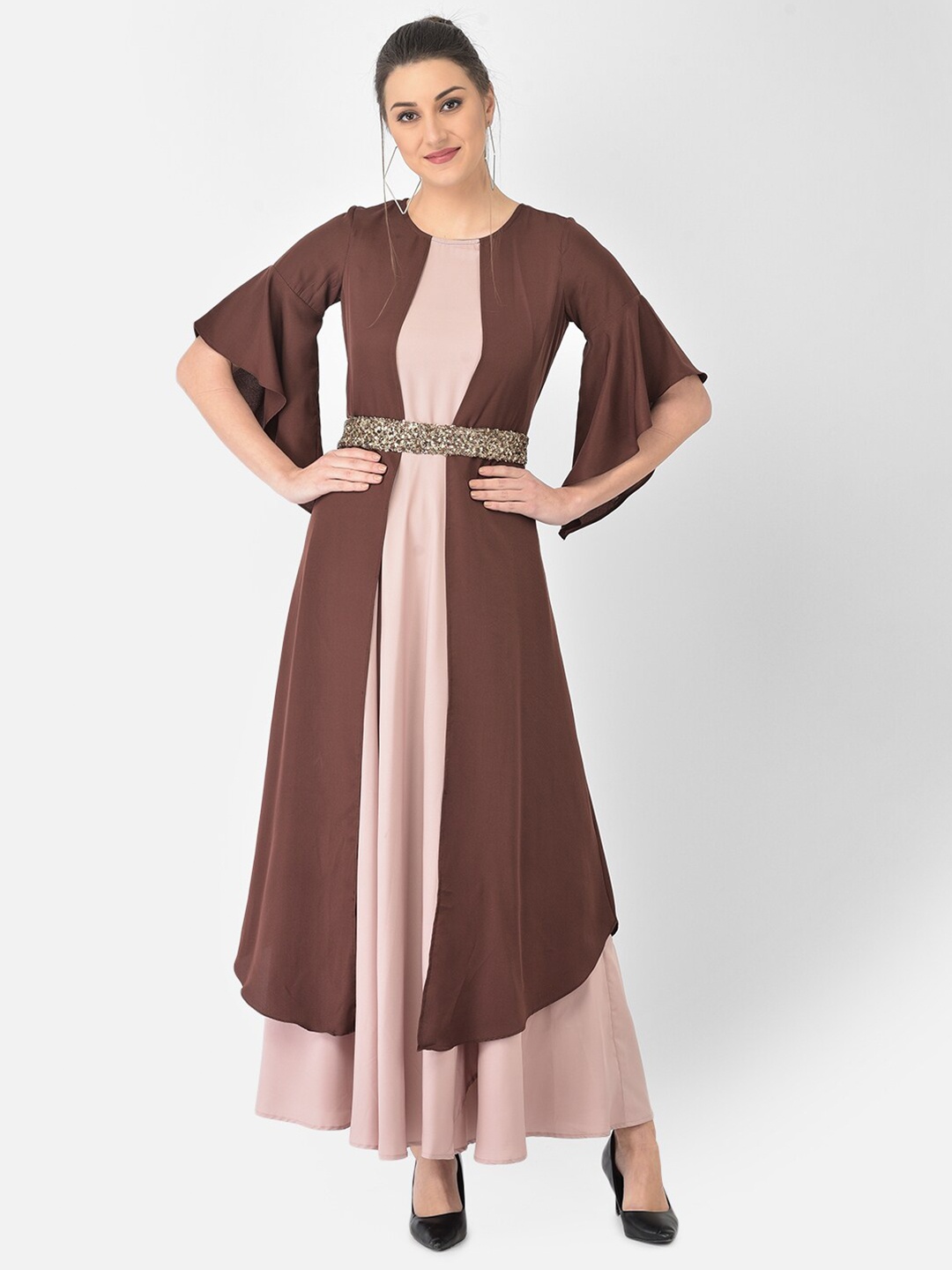 

Ojjasvi Women Brown & Pink Solid Crepe Maxi Dress