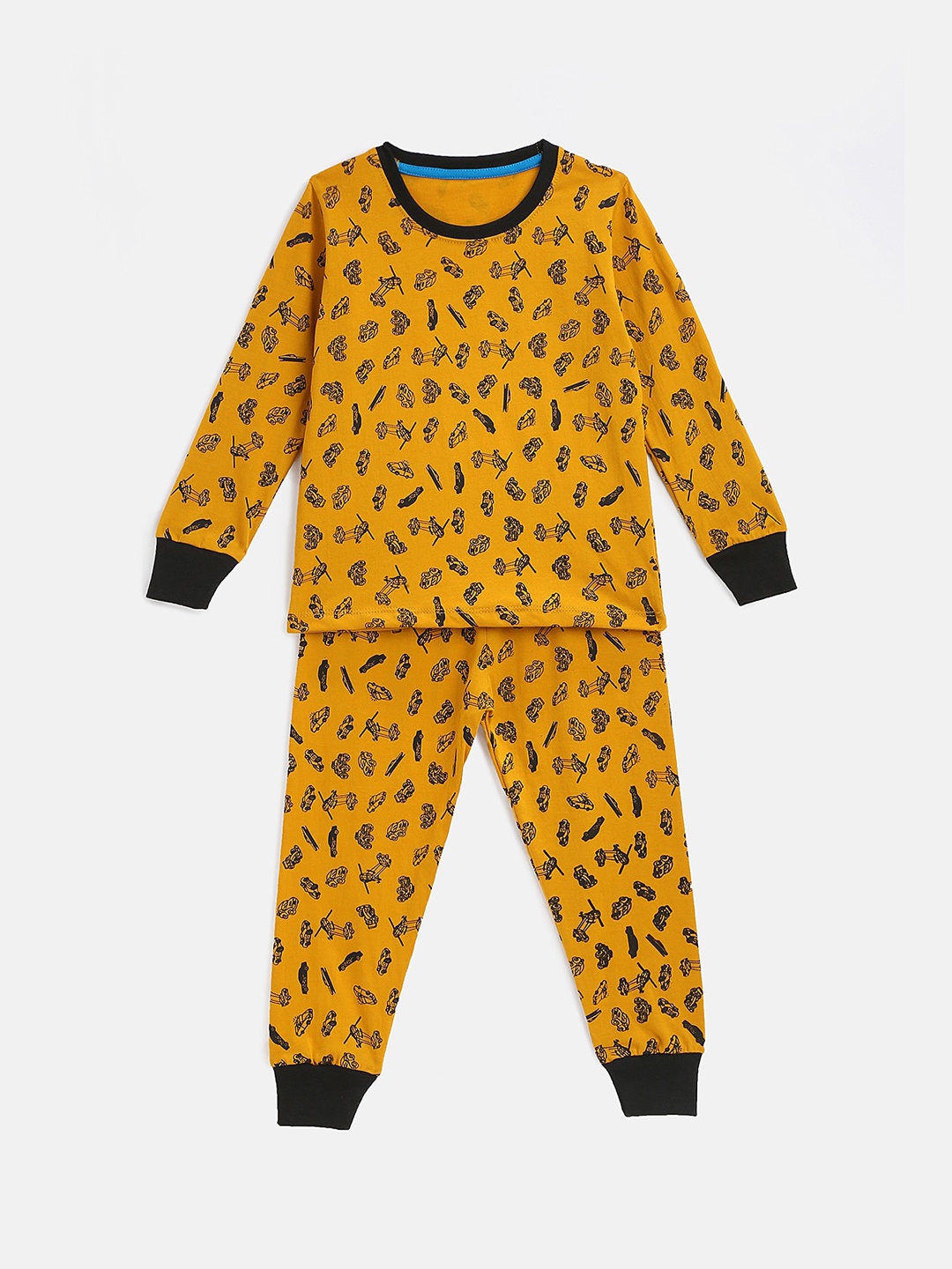 

KIDSCRAFT Boys Mustard Yellow & Black Printed Pure Cotton Night suit