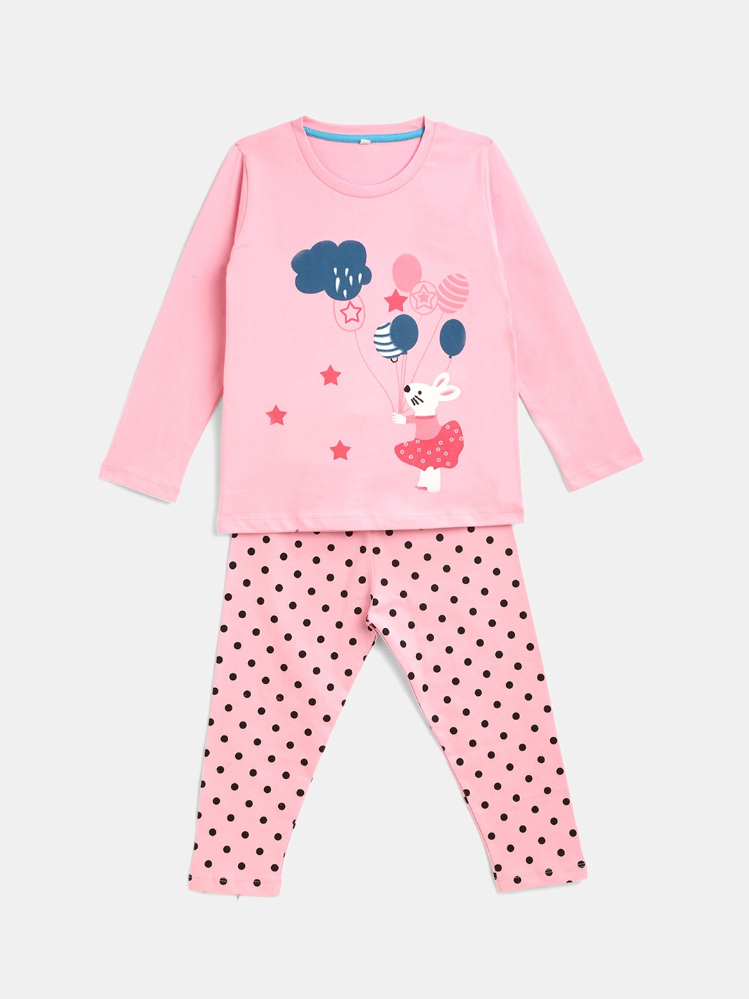 

KIDSCRAFT Girls Pink & Black Printed Pure Cotton Night suit