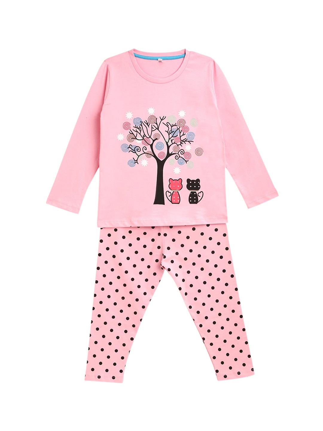 

KIDSCRAFT Girls Pink & Black Printed Night suit