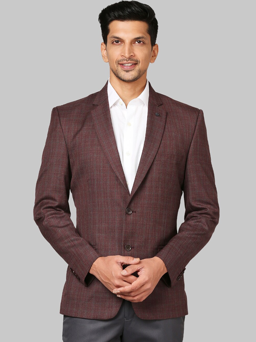 Raymond Men Maroon Checked Slim-Fit Single Breasted Formal Blazer