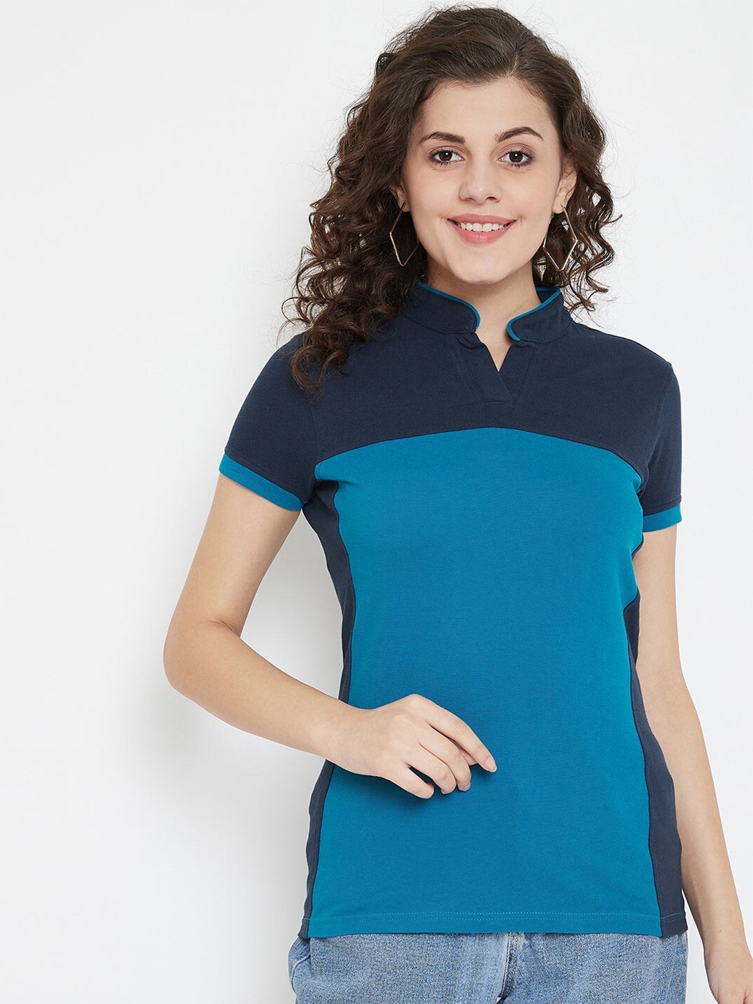 

JUMP USA Women Navy Blue & Blue Colourblocked Mandarin Collar Cotton T-shirt