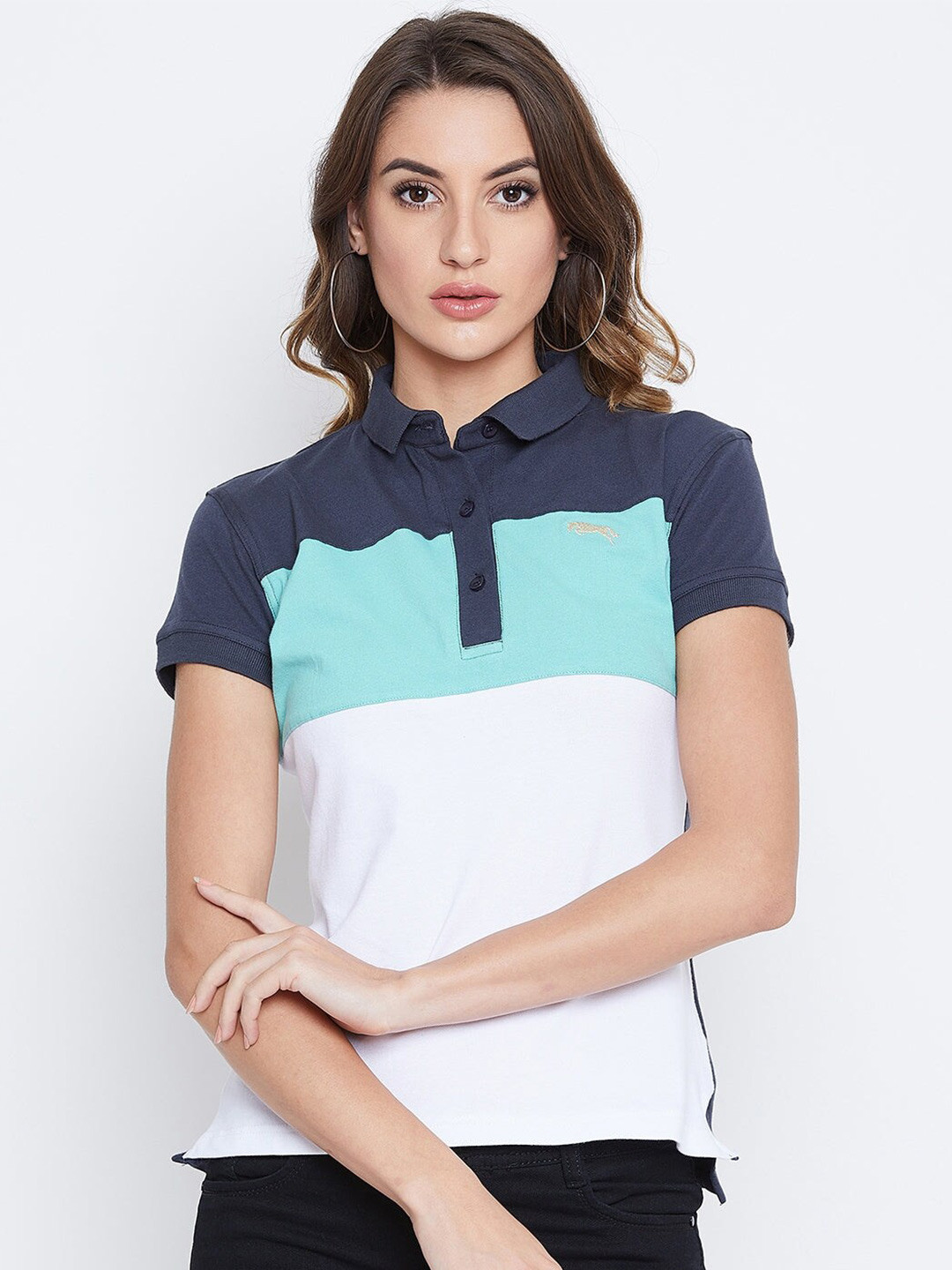 

JUMP USA Women Blue & White Colourblocked Polo Collar Regular Fit Pure Cotton T-shirt