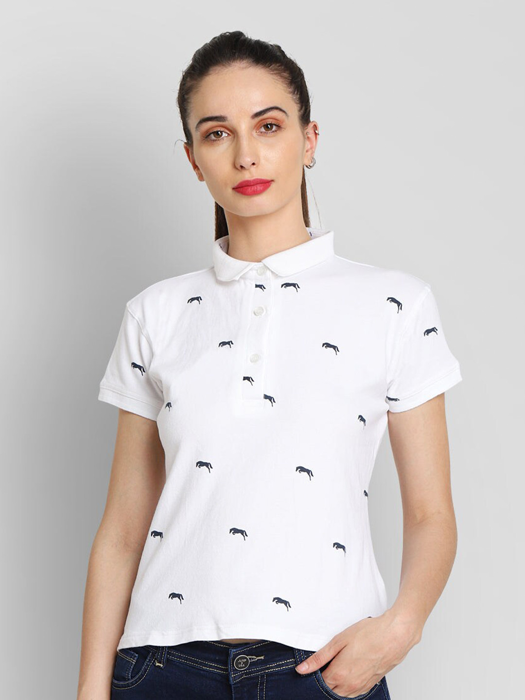 

JUMP USA Women White & Navy Blue Printed Polo Collar Regular Fit Pure Cotton T-shirt