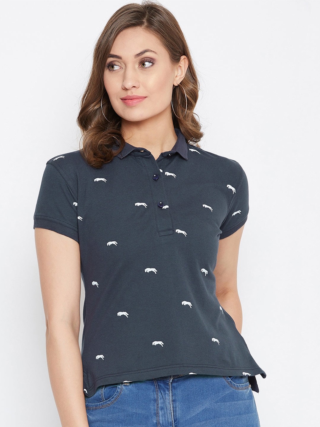 

JUMP USA Women White & Navy Blue Cotton Polo Collar T-shirt