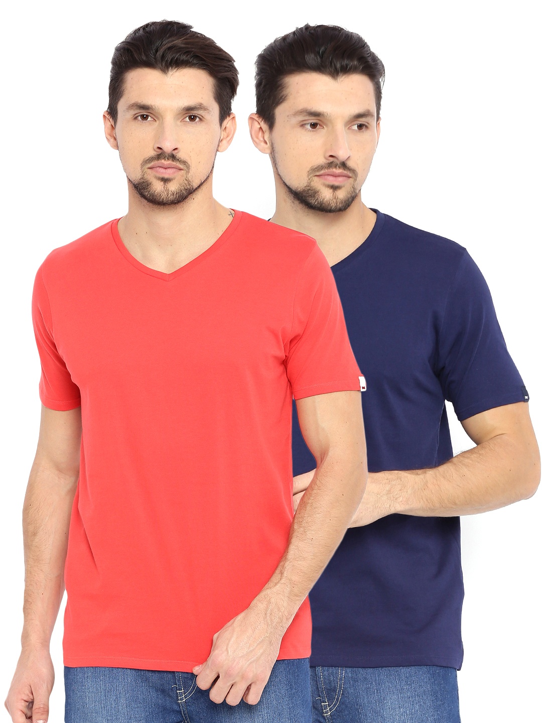 

Basics Men Pack of 2 Solid V-Neck Muscle Fit T-shirts, Blue