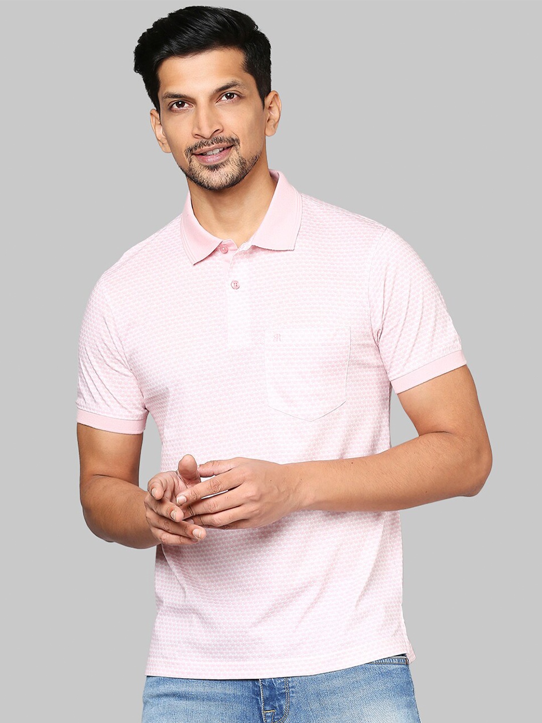 

Raymond Men Pink Abstract Printed Polo Pocket Detail T-shirt