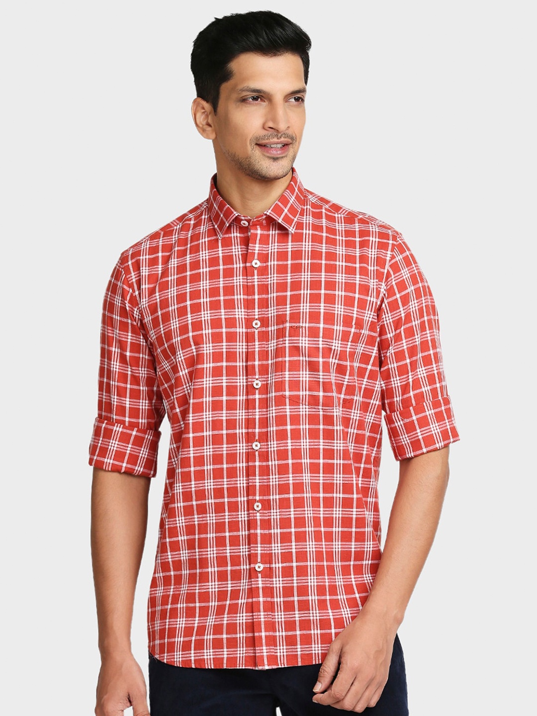 

ColorPlus Men Red Cotton Tailored Fit Checked Casual Shirt