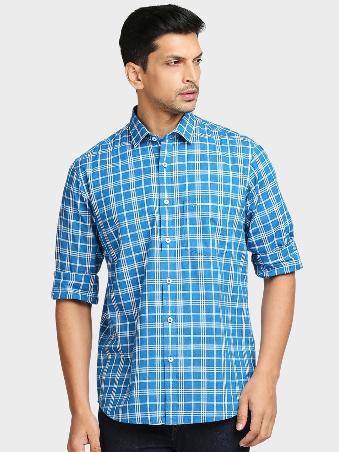 

ColorPlus Men Blue Tailored Fit Checked Cotton Casual Shirt