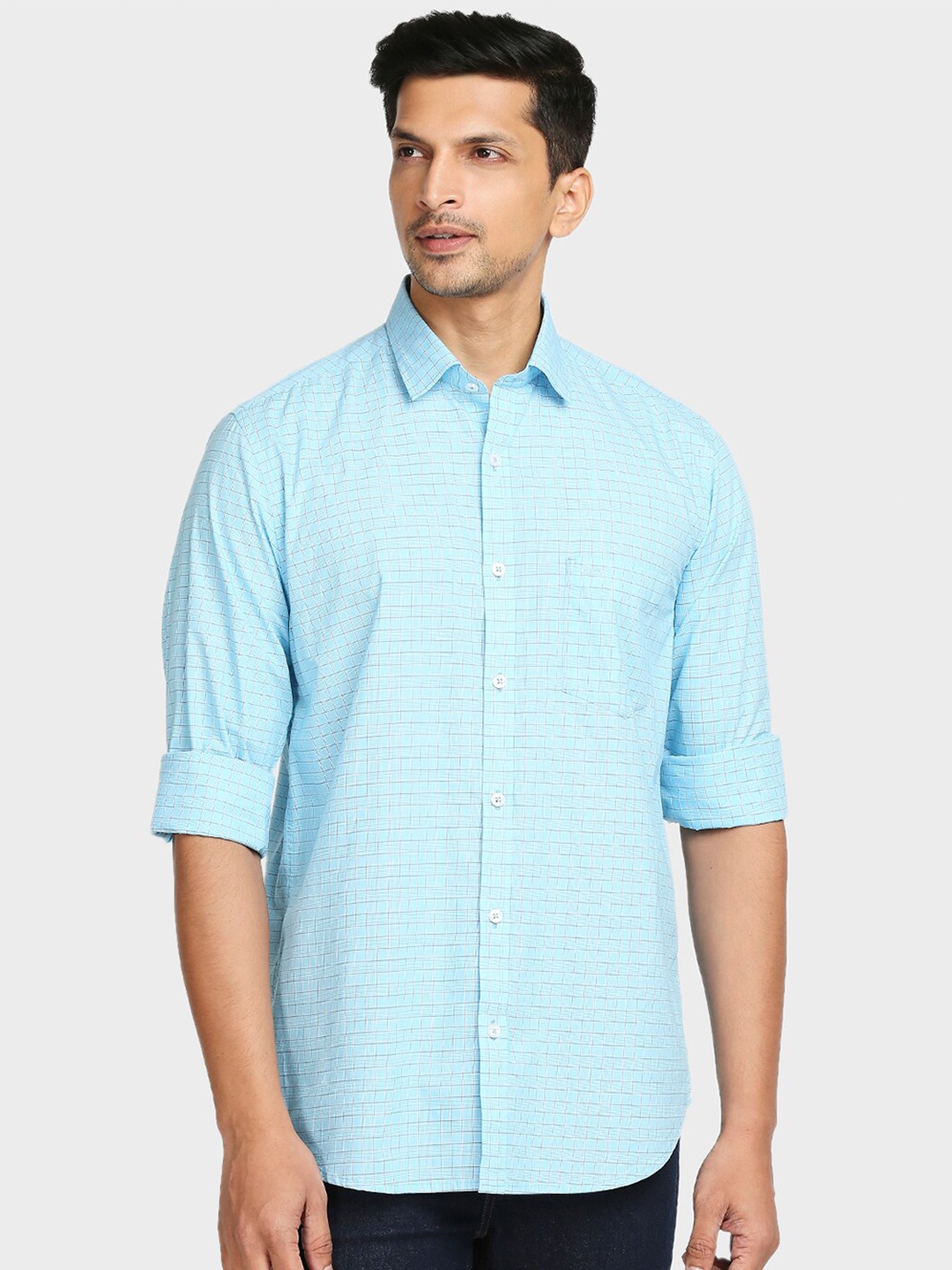 

ColorPlus Men Blue Checked Tailored Fit Cotton Casual Shirt