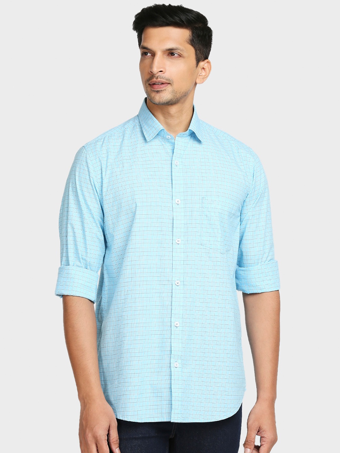 

ColorPlus Men Blue Tailored Fit Checked Cotton Casual Shirt