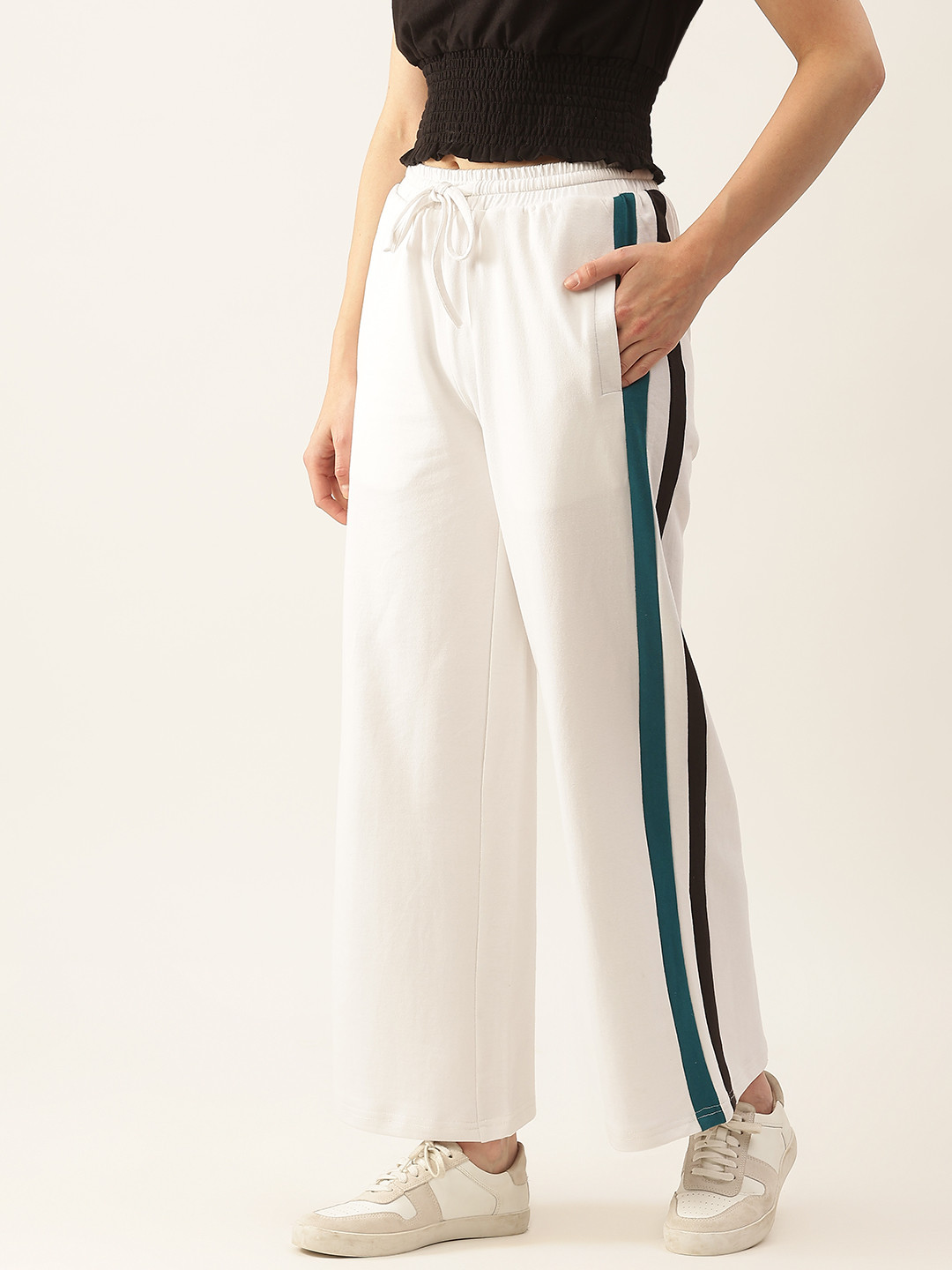

Besiva Women White Solid Wide Leg Pure Cotton Track Pants