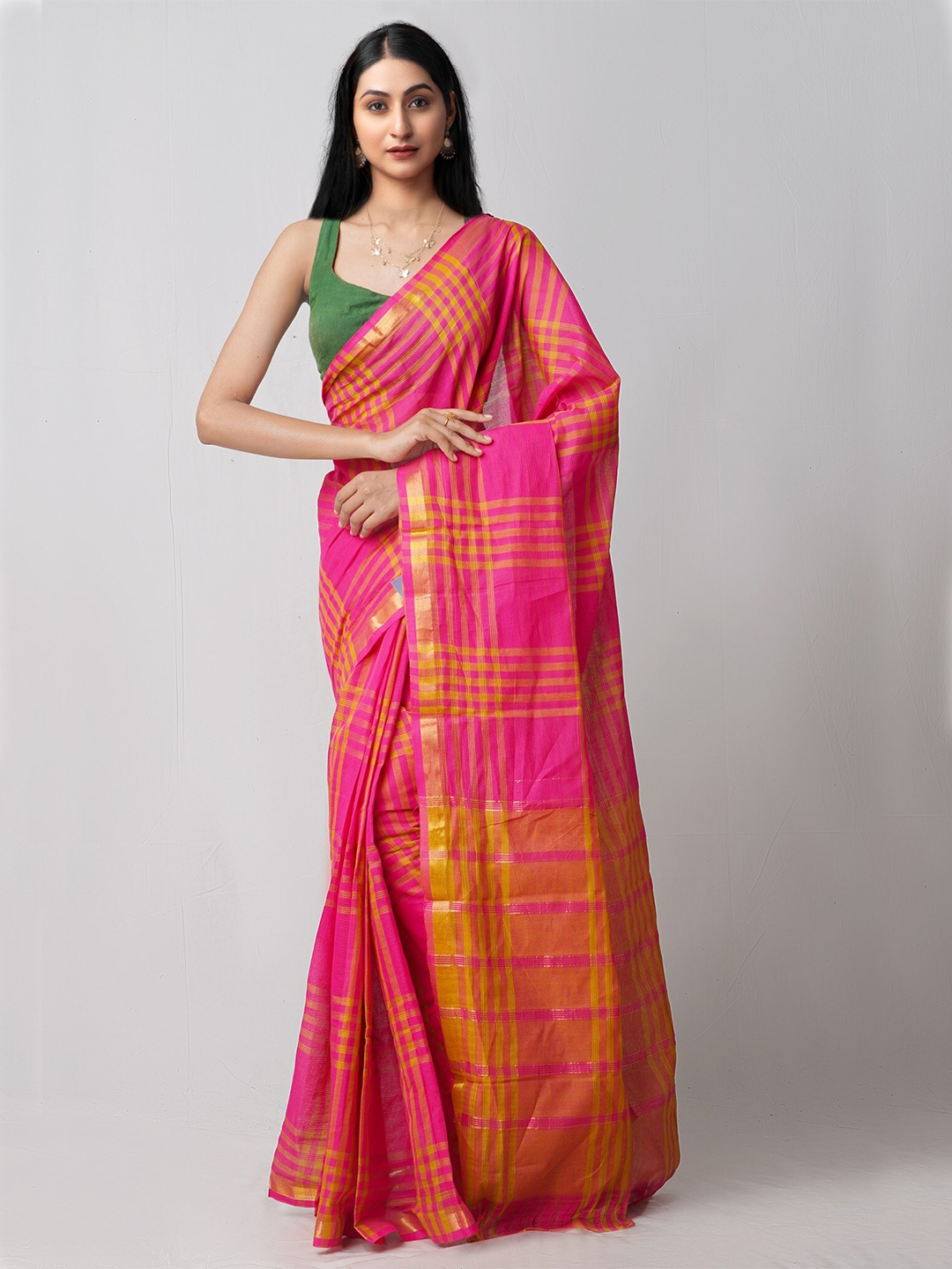 

Unnati Silks Pink & Yellow Checked Zari Pure Cotton Mangalagiri Saree
