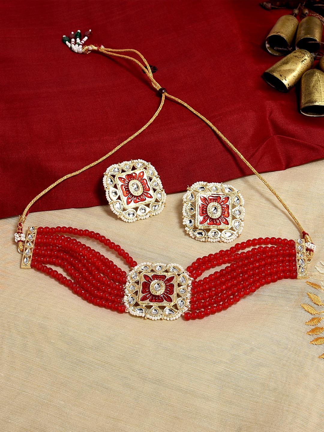 

Fida Women Oxidised Silver-Plated Red & White Stone-Studded Beaded Jewellery Set