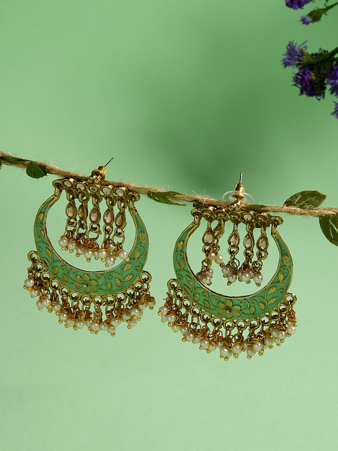 

Fida Gold-Plated & Green Contemporary Chandbalis Earrings