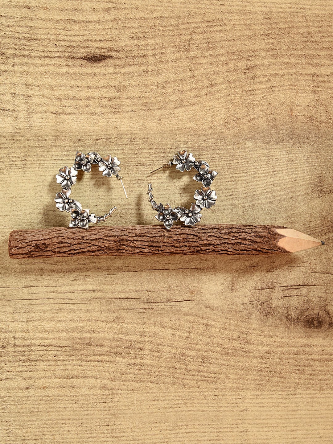 

Fida Silver-Plated Floral Oxidised Hoop Earrings
