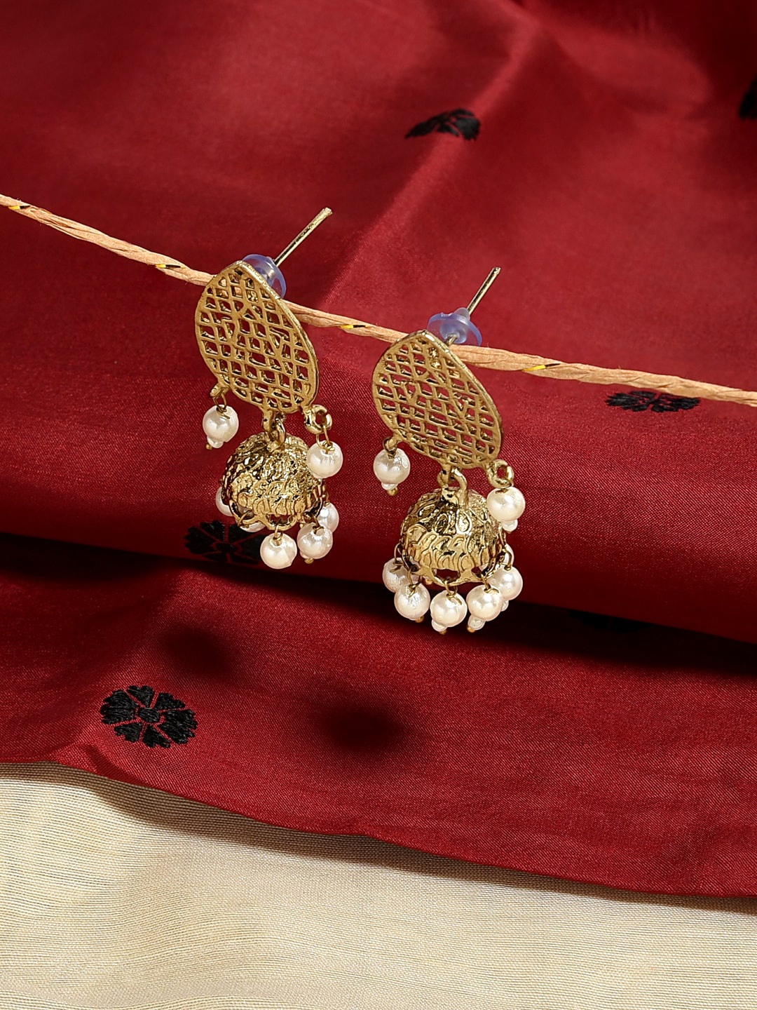 

Fida Gold-Plated & White Dome Shaped Jhumkas Earrings