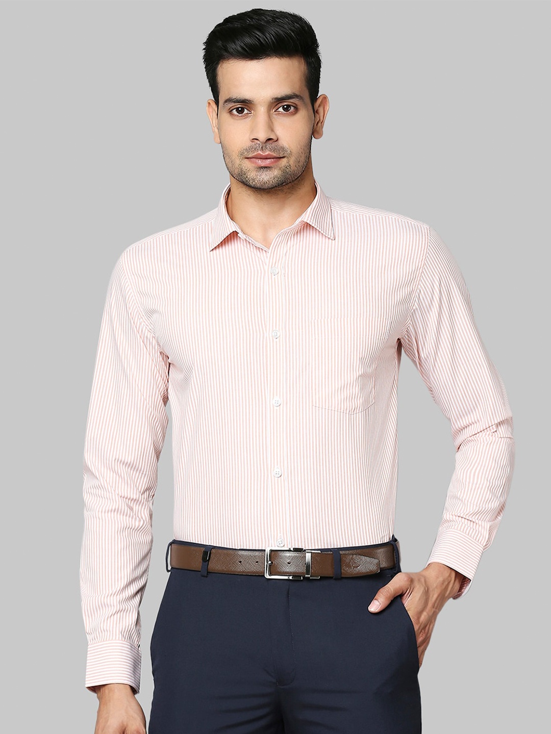 

Park Avenue Men Orange Slim Fit Striped Formal Shirt