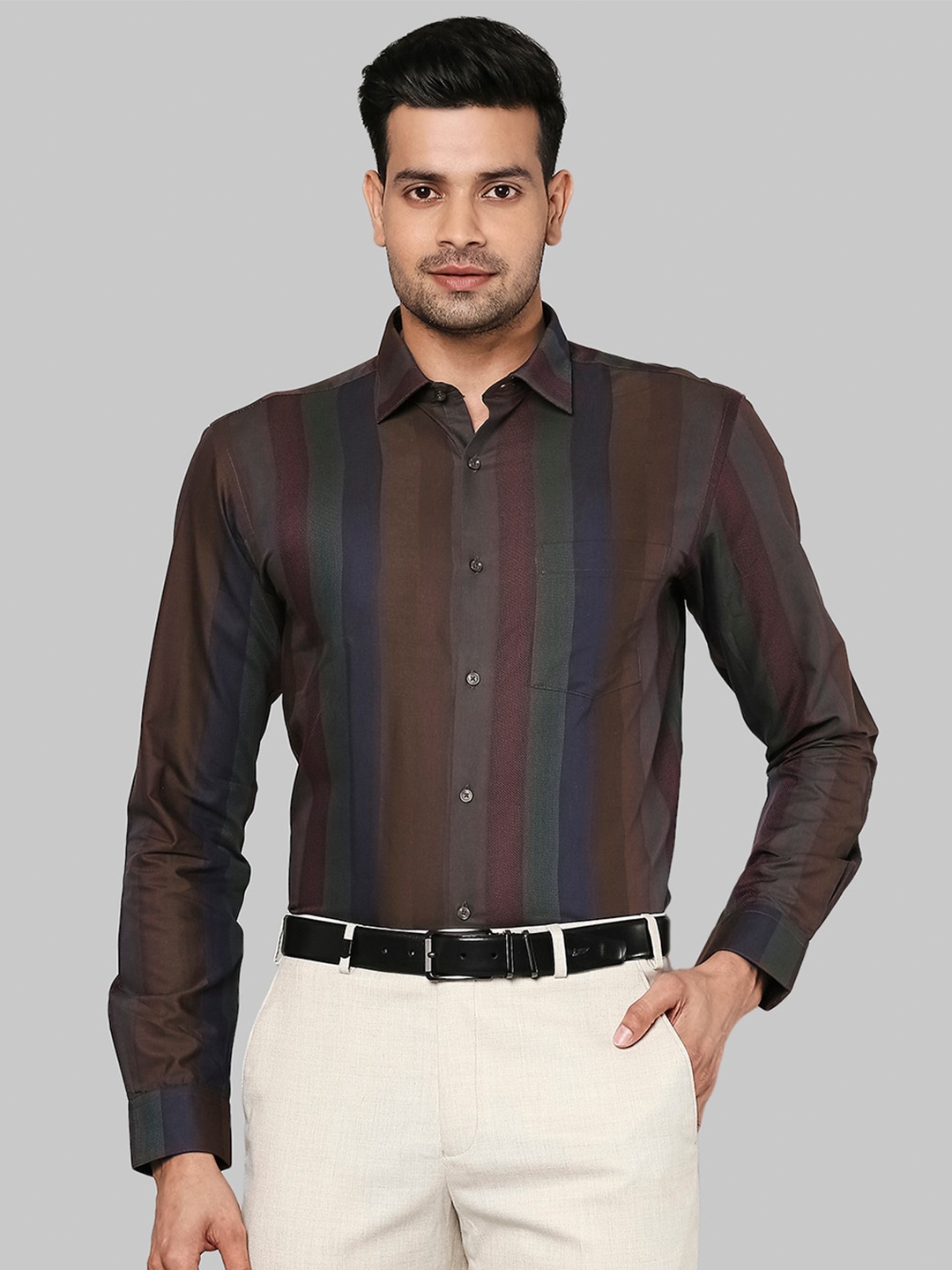 

Park Avenue Men Brown Slim Fit Striped Formal Shirt