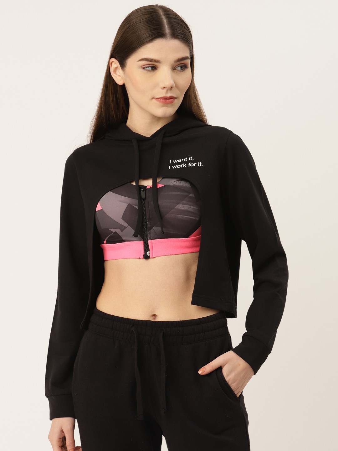

Besiva Women Black Solid Hooded Pure Cotton Sweatshirt with Front Cut-Out & Typography