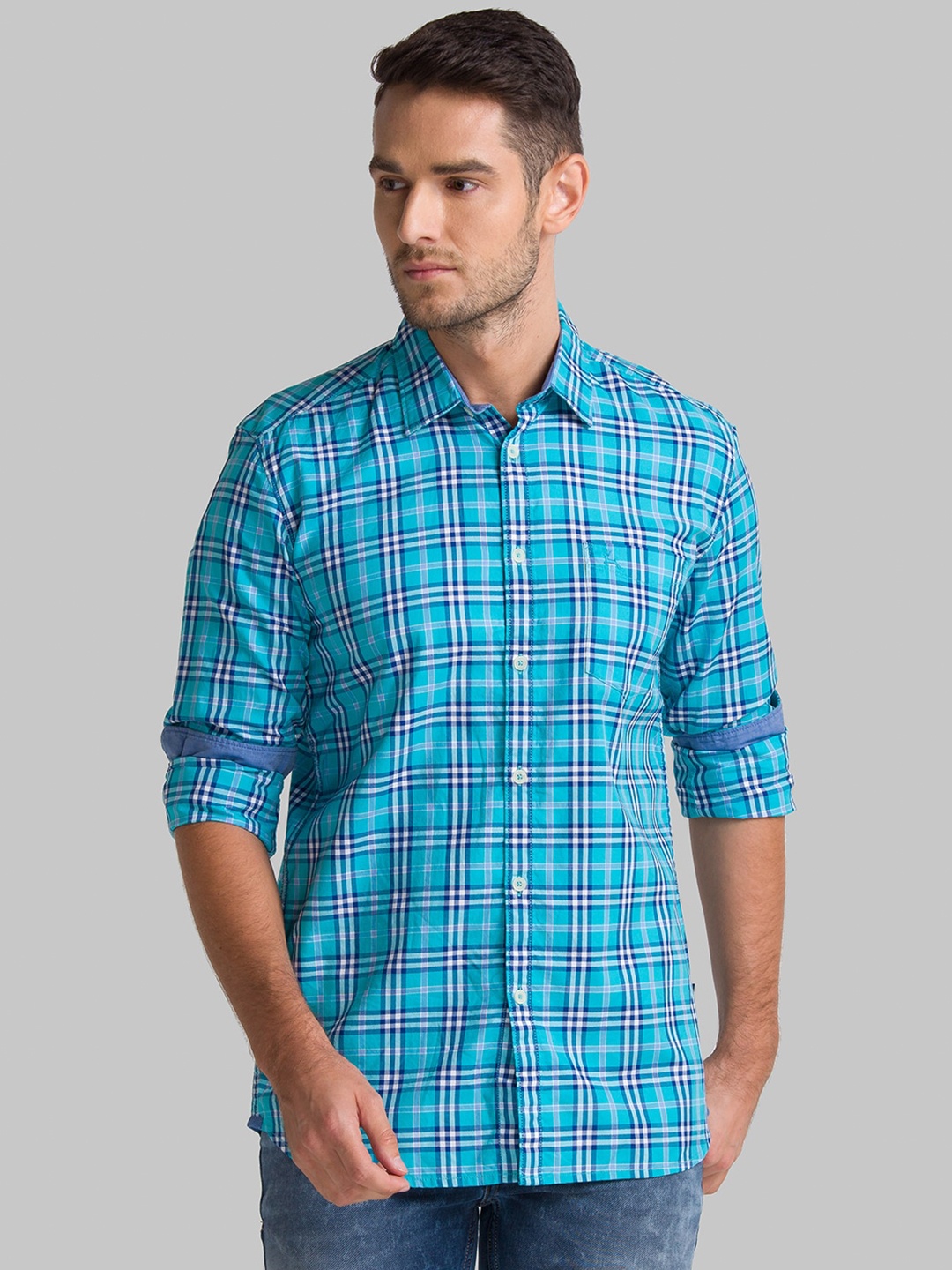 

Parx Men Blue Slim Fit Checked Casual Shirt