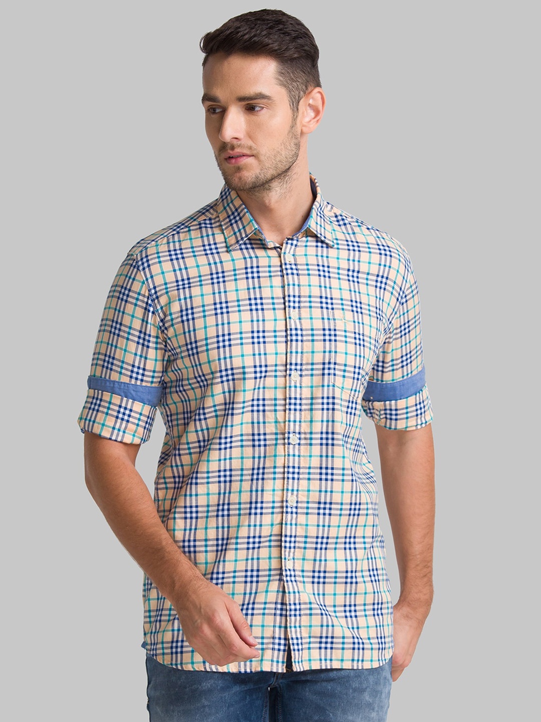 

Parx Men Orange & Blue Slim Fit Checked Cotton Casual Shirt