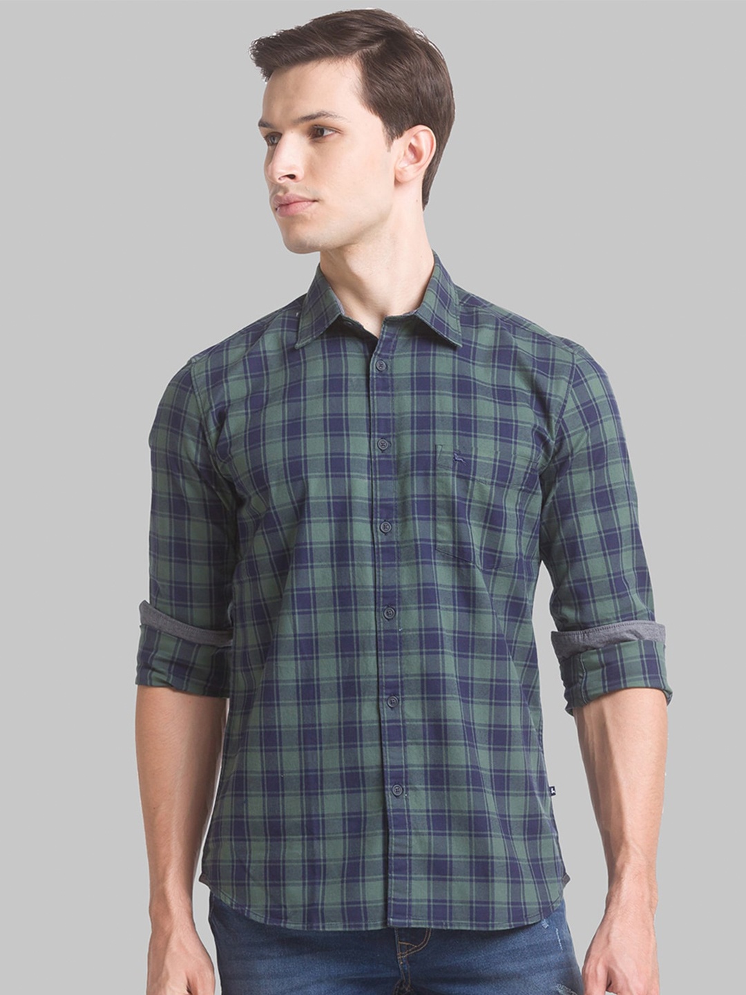 

Parx Men Green Slim Fit Checked Cotton Casual Shirt