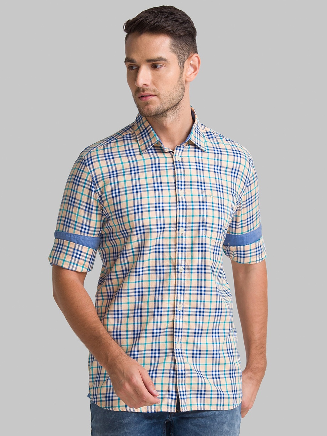 

Parx Men Orange & Blue Slim Fit Checked Casual Shirt