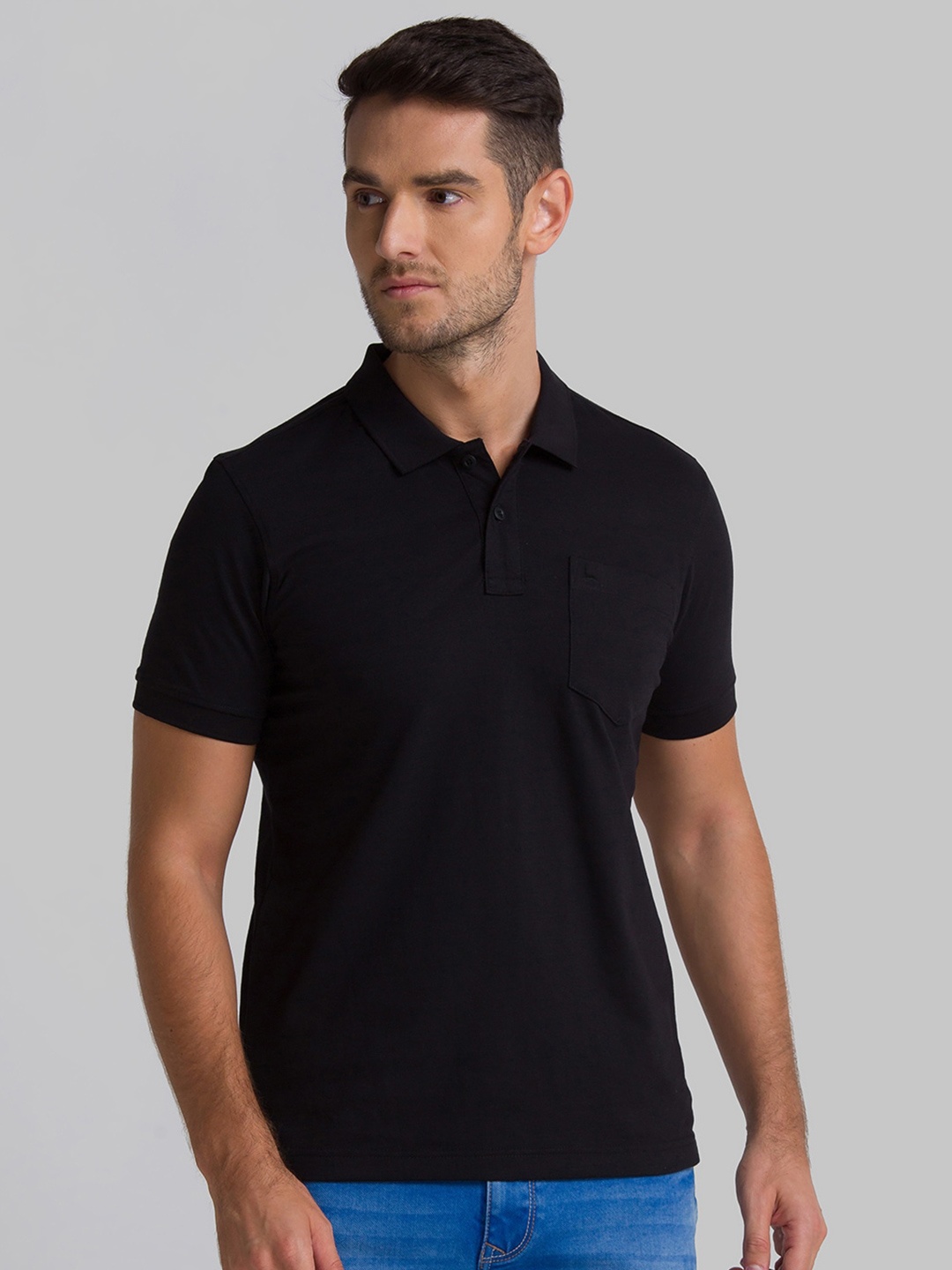 

Parx Men Black Polo Collar Pockets T-shirt