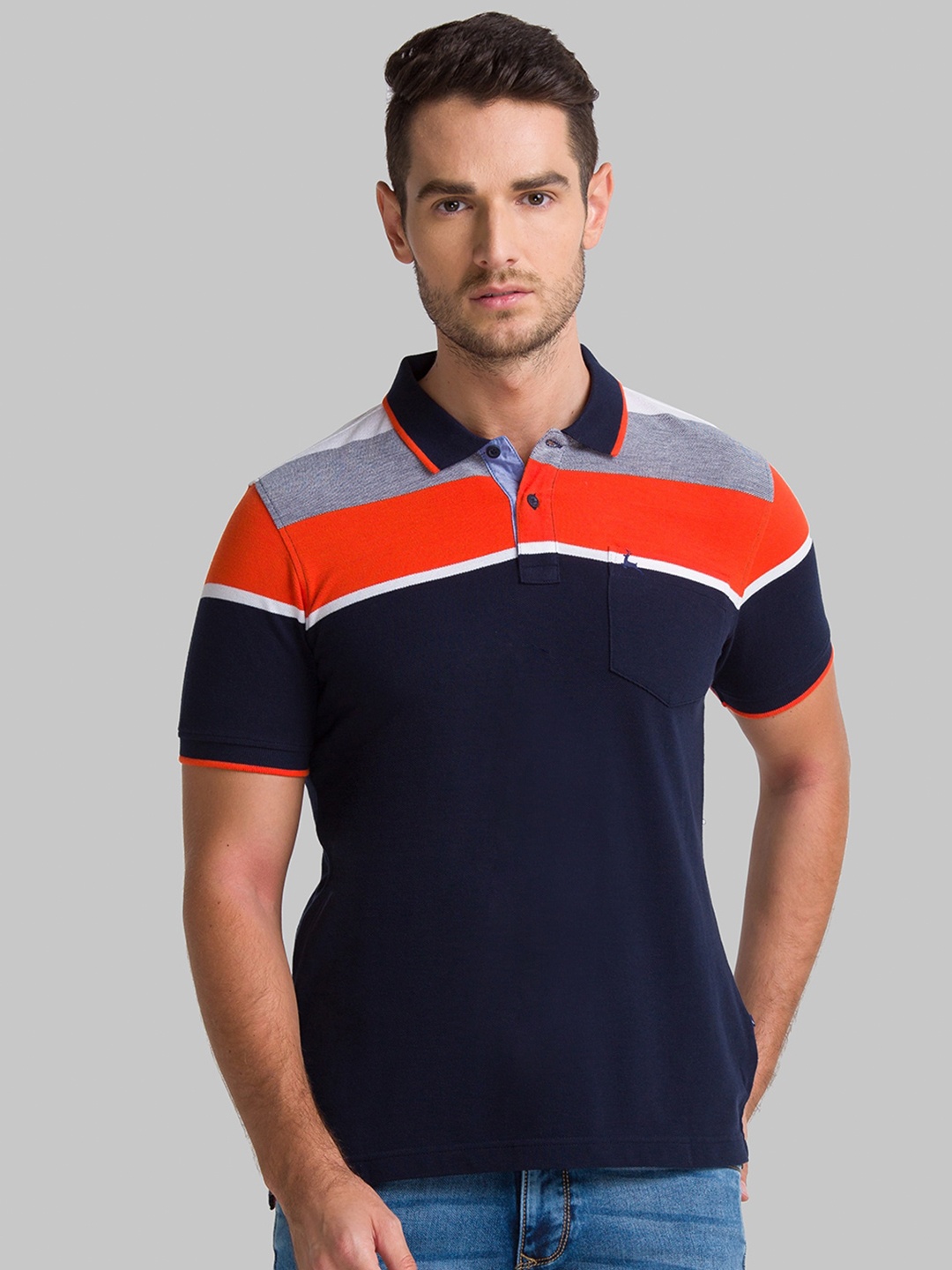 

Parx Men Blue Colourblocked Polo Collar T-shirt