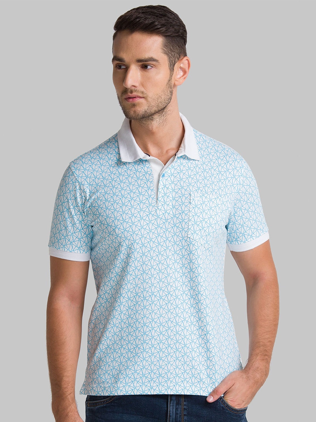 

Parx Men White & Blue Printed Polo Collar Pockets T-shirt