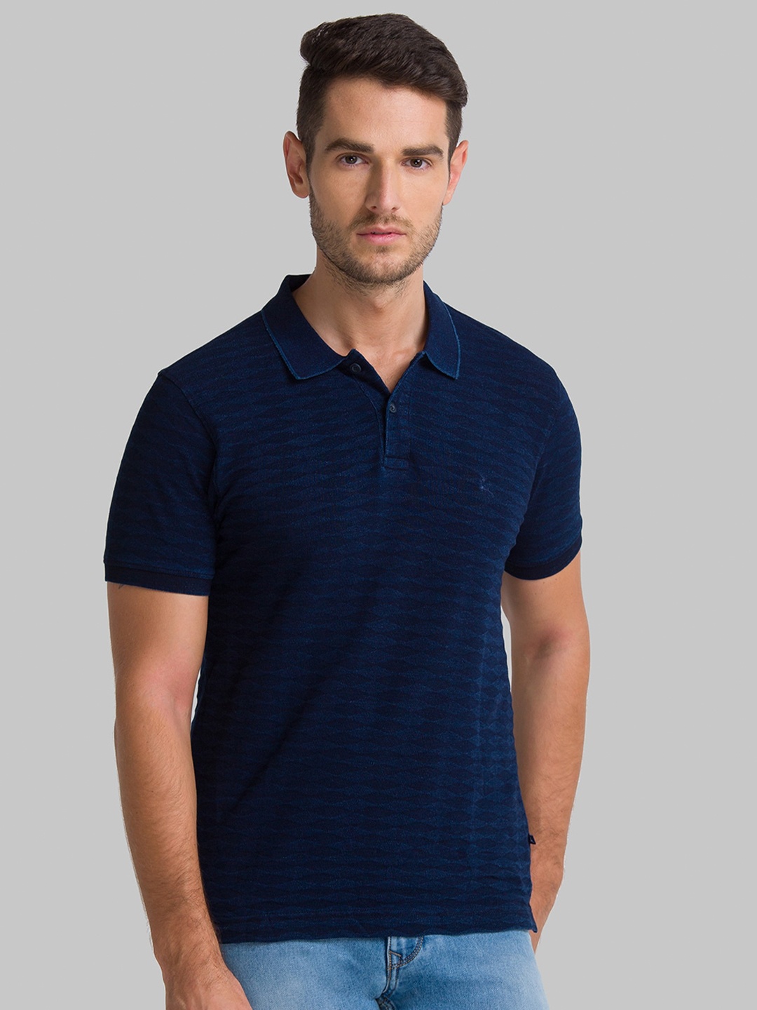 

Parx Men Blue Self Design Polo Collar Pure Cotton T-shirt