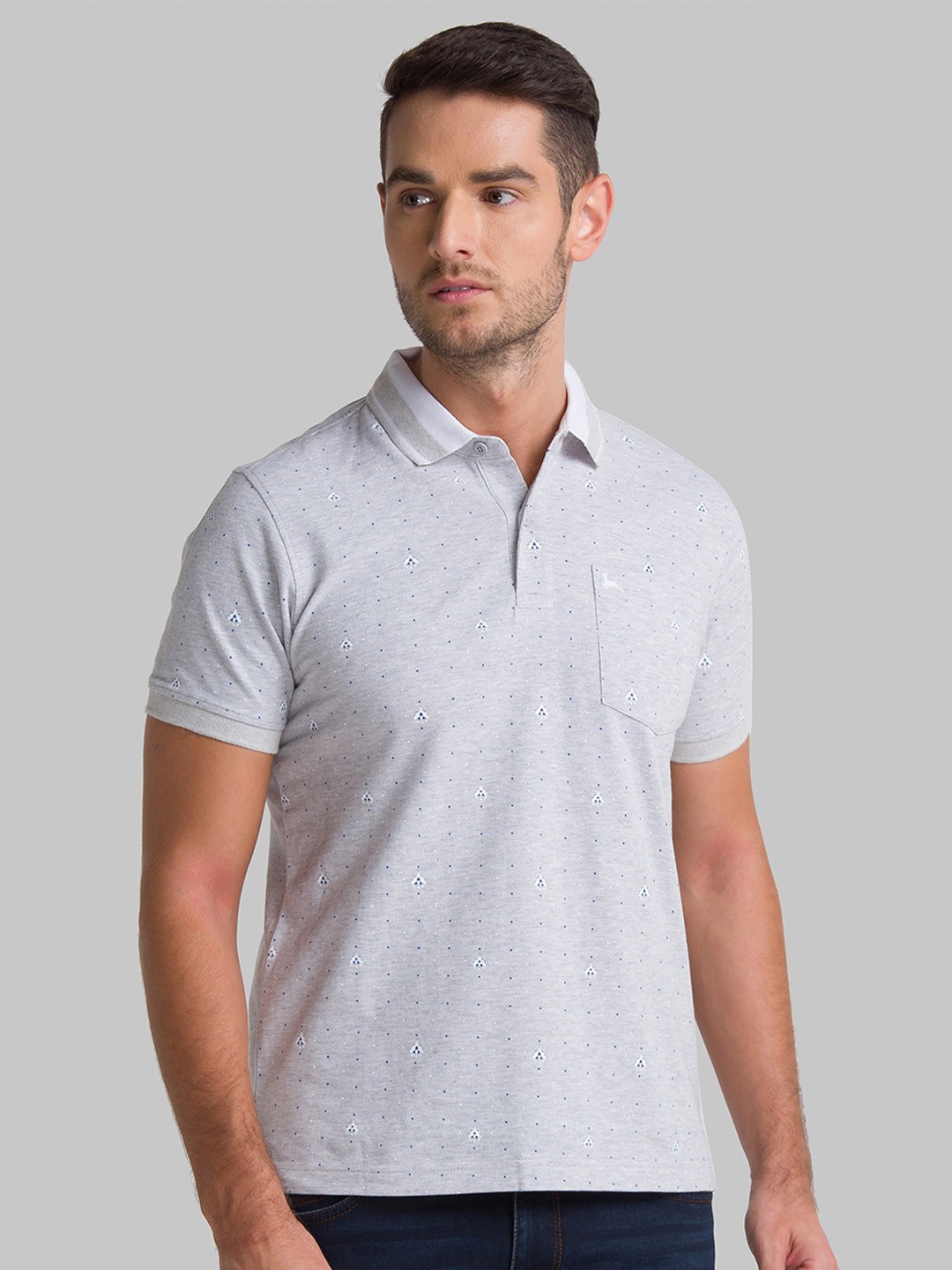 

Parx Men Grey Printed Polo Collar Pockets Pure Cotton T-shirt
